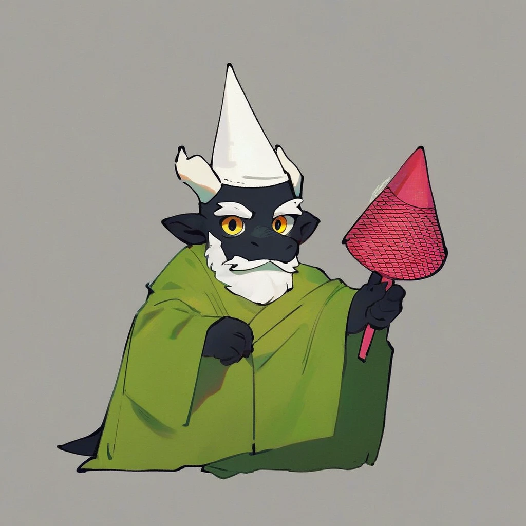 score_9_up, score_8_up, score_7_up, source_furry, mikus-concept, crawly green gnome, green robe, cone hat, white beard, black dragon, black body, white horns, yellow eyes