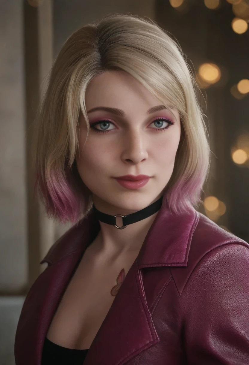 score_9, score_8_up, score_7_up, rating_safe, 
1girl, solo, (<lora:SH2R_Mary:0.75> SH2R_Mary, blonde hair, short hair, multicolored hair, pink dyed tips, blue eyes, makeup, pink eyeshadow, magenta lipstick, butterfly tattoo on her chest, wearing a black sequin dress, a purple leather jacket, purple leather belt, black pantyhose, bracelet, ring, black choker, purple nails, brown leather boots), 
clothed, clothed_female, clothing, tight_clothes, skindentation, skimpy_outfit, 
feeling  
Sitting crossed-legged, relaxed, 
F/8, From the side, presenting a profile view, shot on a film camera camera, Lens Flare,
detailed, ultra detailed,
cinematic, depth of field, bokeh, best quality, film grain, realistic, raw, 8k uhd, ultra-detailed, Rim Lighting, Rays of Shimmering Light,
(location is Atlantis Engine Room, Central chamber of the underwater city's power source, massive turbines and generators churning with energy, the thrum of machinery echoing through the depths, the heart of the city's technological marvel:1.2),
weather is warm,
season is winter,
time of day is at dawn,
(((Ultra-HD-details))), (((Ultra-HD-quality-details)))