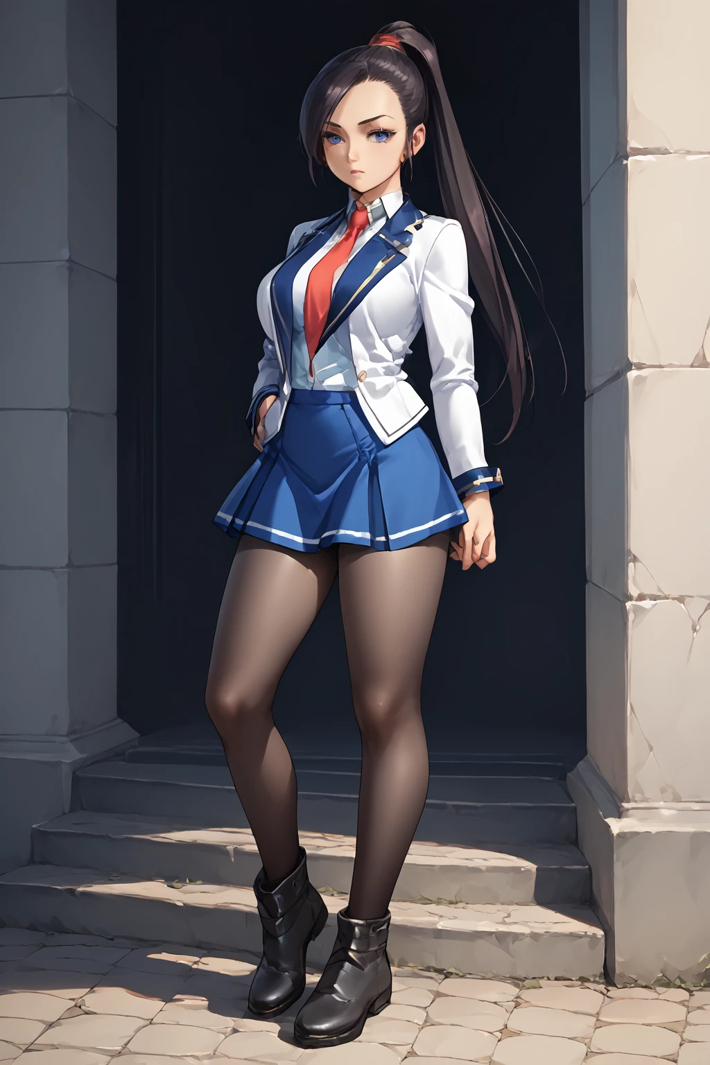 score_9, score_8_up, score_7_up, score_6_up, 2d, source_anime,1girl,   <lora:houkago_3_uniform:.8> necktie, skirt, school uniform, jacket,blue skirt,full body,  zPDXL3  <lora:dq-martina-ponyxl-lora-nochekaiser:1> martina, 1girl, long hair, ponytail, large breasts,black pantyhose,