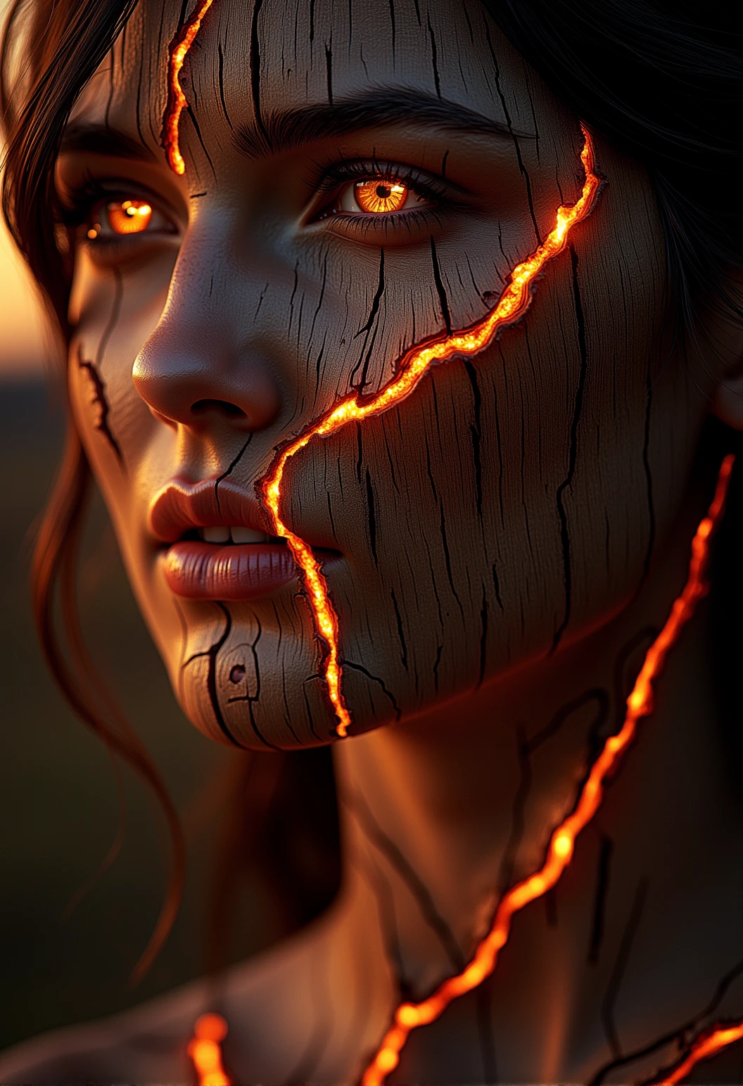 A close-up of a beautiful woman whose skin is partially embellished with glowing wood veins that flicker softly in the light, her eyes open and piercing, her hair flowing softly|A close-up of a tree with ember-like veins glowing faintly against a fiery twilight sky, small patches of bark showing faint glowing wood, gently illuminating the scene}|A panoramic view of a glowing wooden temple at dusk, flickering embers within the wooden veins of the structure, glowing faintly as the light fades}} Epic cinematic lighting, soft glowing wood textures, subtle embers, dramatic shadows, backlit glow, high contrast, soft fog, deep focus, ultra-realistic details, vivid colors, high dynamic range, volumetric lighting, breathtaking scale, photorealism, hyper-sharp focus, intricate details, stunning cinematic atmosphere. , <lora:bv-glowing-wood-v1.safetensors:0.5:0.5>