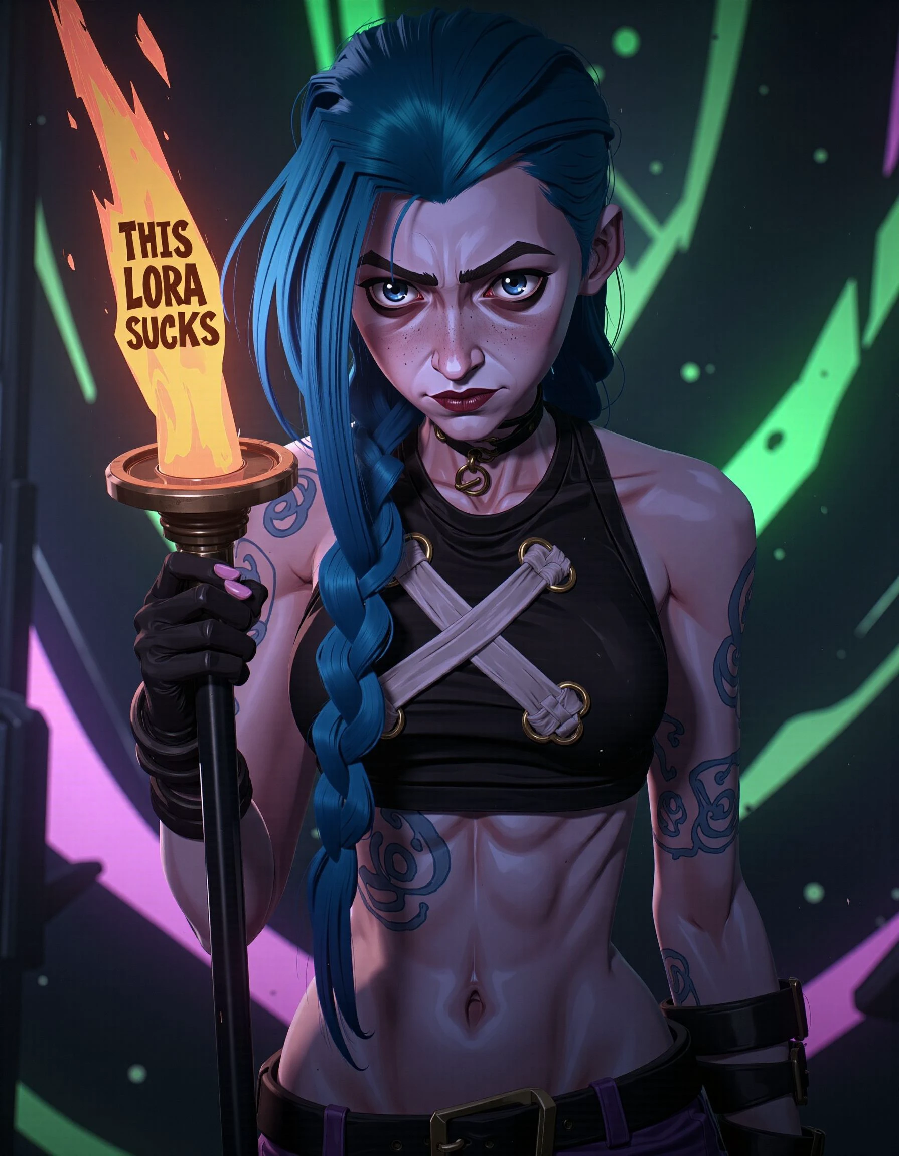 An eerie close-up of Jinx's face is illuminated by dim light. She stands against an iridescent background of cyan, pink, and black, holding a fiery bolt that reads, "THIS LORA SUCKS." Dressed in a black crop top with a white diagonal cross and purple striped pants, she showcases her goth style. Her bright blue hair flows down from a low braid, cascading over her shoulders. With a smug smile, the left side of her body features blue swirling cloud tattoos.
<lora:Jinx__Arcane-000001:1> 
<lora:Flux-Sch-4steps-SingleBlocks-BF16:1>