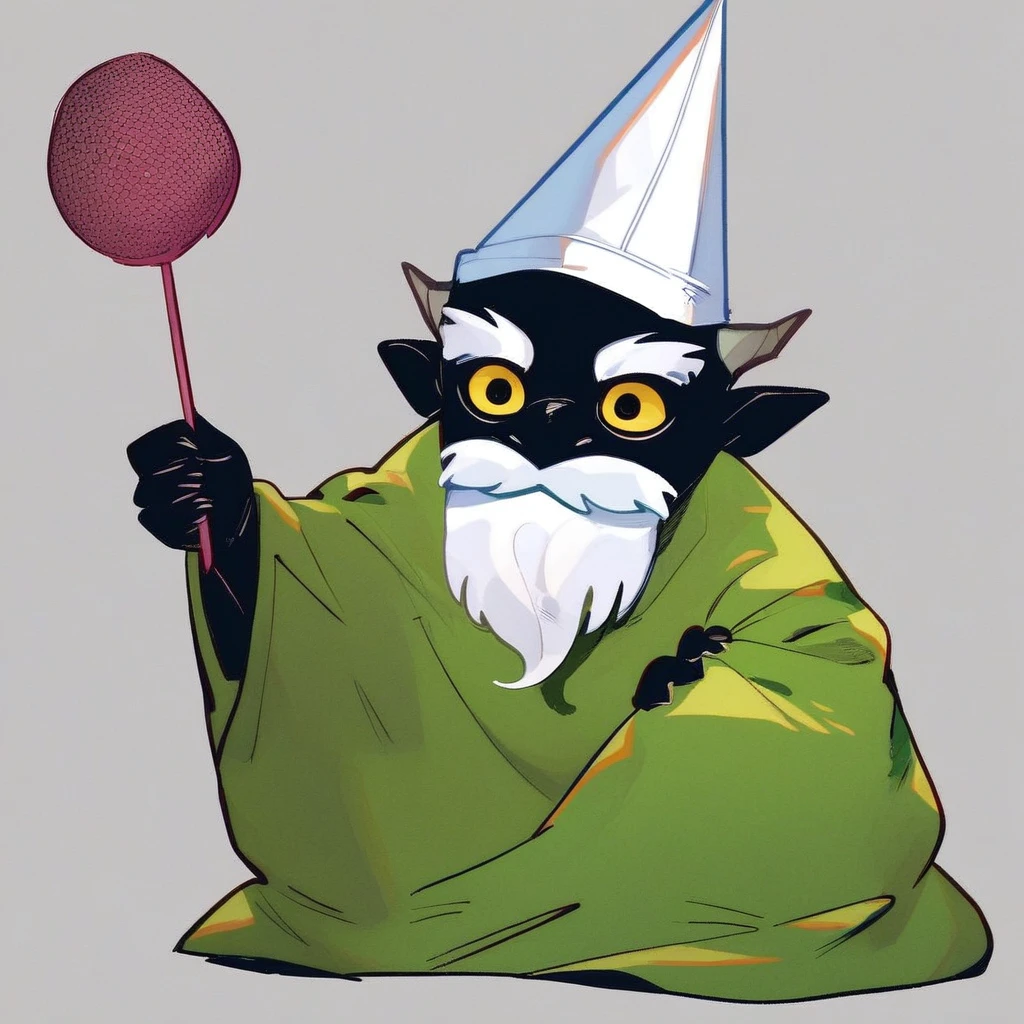 score_9_up, score_8_up, score_7_up, source_furry, mikus-concept, crawly green gnome, green robe, cone hat, white beard, black dragon, black body, white horns, yellow eyes