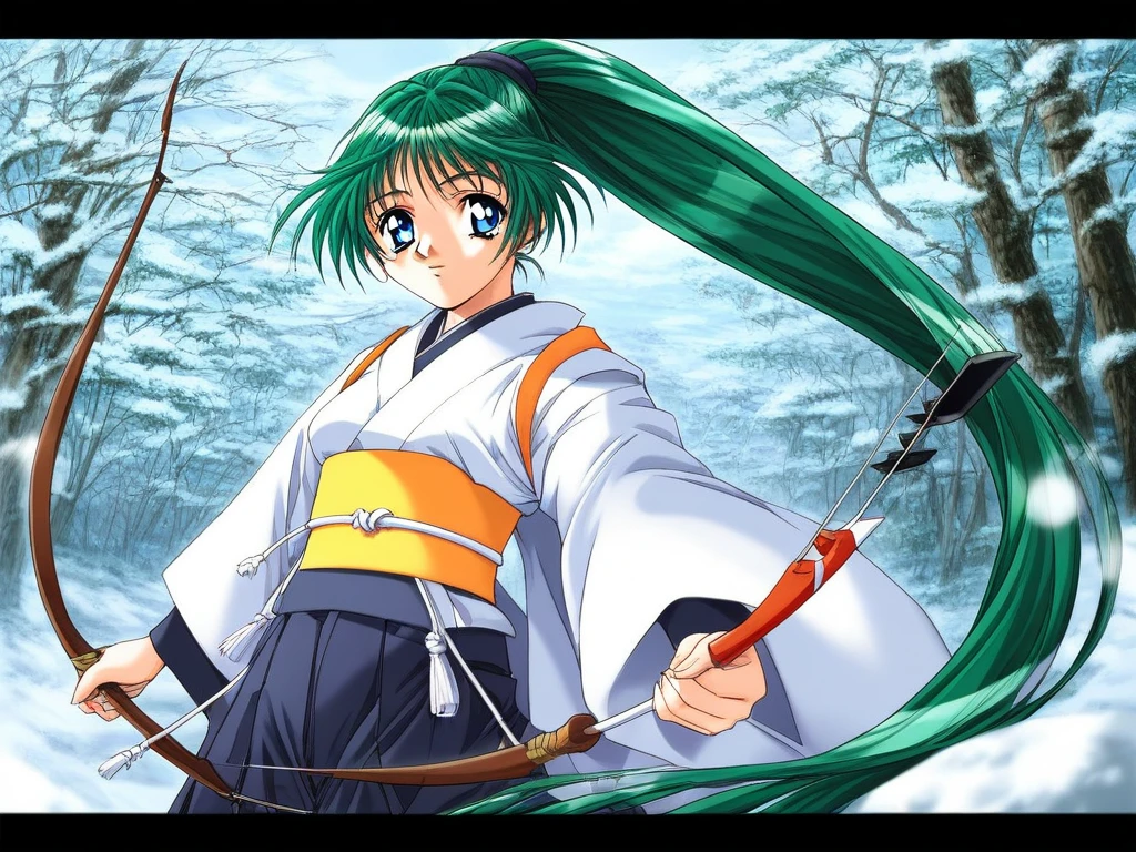 score_9, score_8_up, score_7_up, source_anime, rating_explicit, BREAK  <lora:Narahara_Narumi_XL:1>Narahara_Narumi, green hair, blue eyes, very long hair, ponytail, breasts,
1girl, bow (weapon), solo, weapon, arrow (projectile), archery, japanese clothes, holding, hakama, hakama skirt, kimono, tree, letterboxed, snow, black hakama, skirt, retro artstyle, 1990s (style)