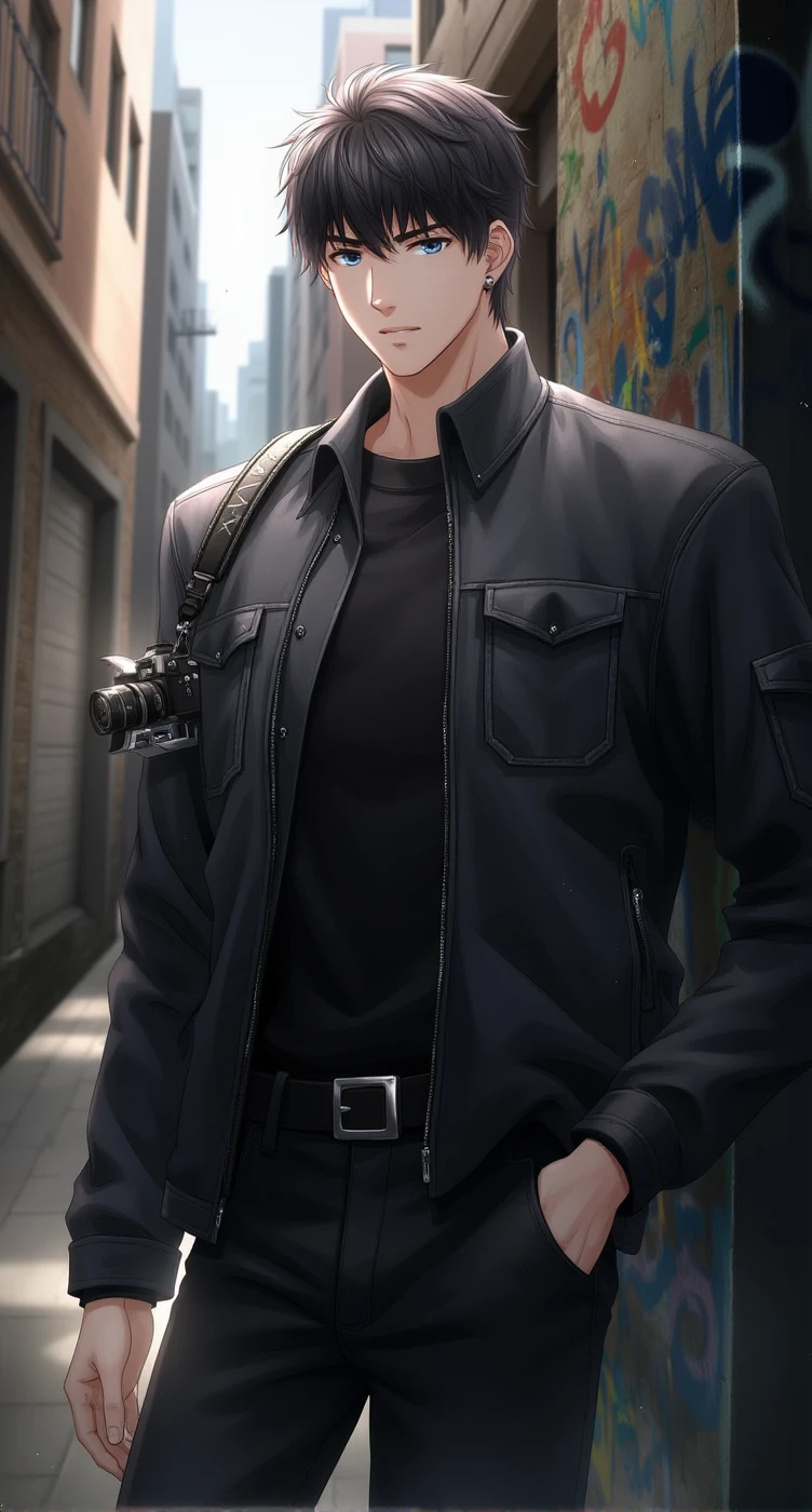 handsomemale,A young man in his late 20s, blue eyes, a stylish leather jacket and dark jeans, stands against the backdrop of a graffiti-covered urban alley. His expression is thoughtful as he looks off into the distance, a camera slung over his shoulder