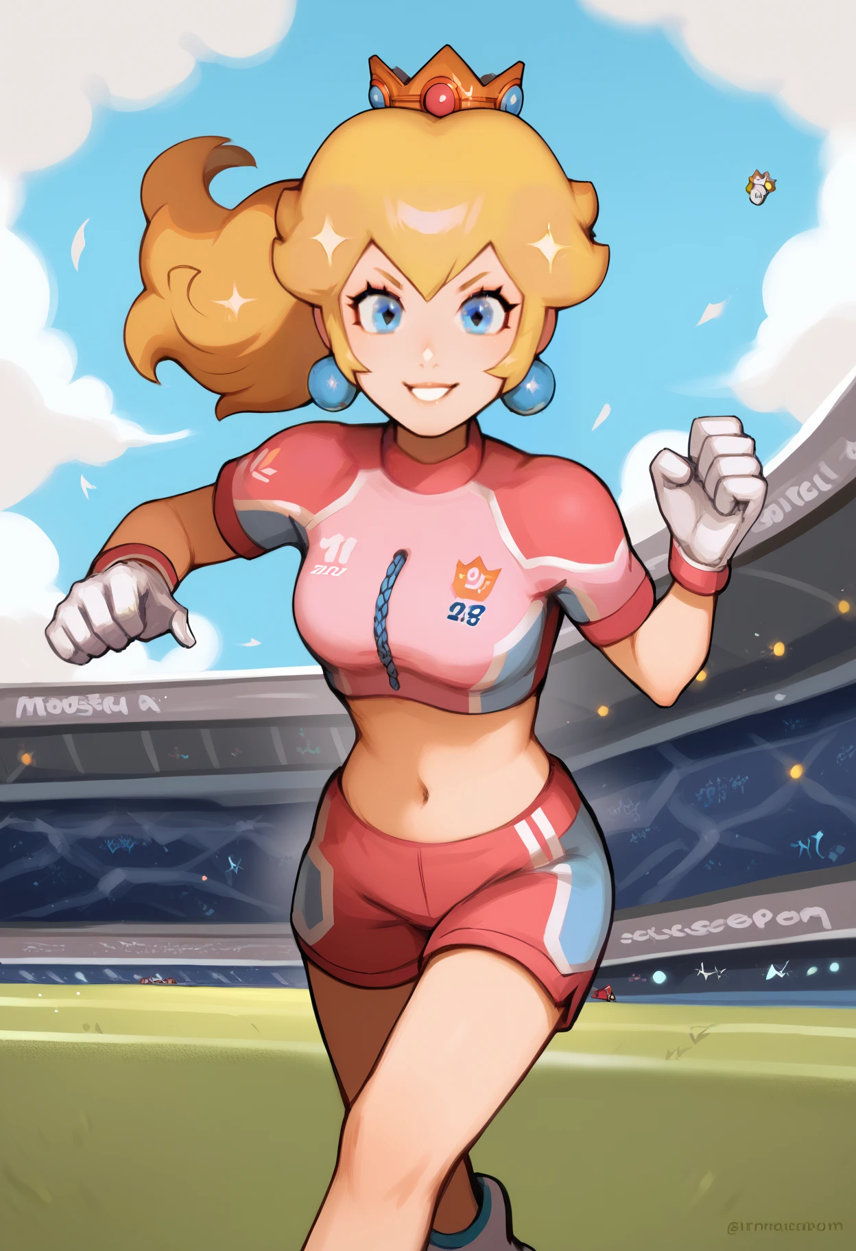 score_9, score_7_up, <break> solo, 1girl, IncrsPchStriker, smirk, looking at you, running, long hair, blonde hair, blue eyes, ponytail, sportswear, midriff, crop top, navel, soccer uniform, short sleeves, short shorts, pink shirt, white gloves, crown, jewelry, earrings, blue sky, cloud, outdoors, stadium, grass
 <segment:yolo-face_yolov8m.pt,0.4,0.5//cid=1>