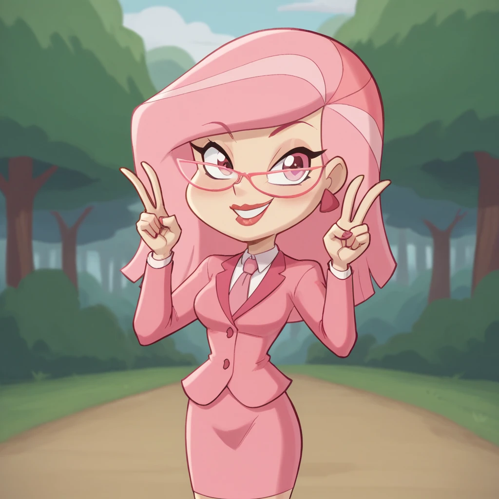 score_9_up, score_8_up, BREAK, MsPink, 1girl, solo, pink hair, pink eyes, glasses, formal, pink suit, pink necktie, pencil skirt, cowboy shot, double v,  <lora:MsPink_Kellogg_PXL_Leaf1:0.8>, forest, outdoors,