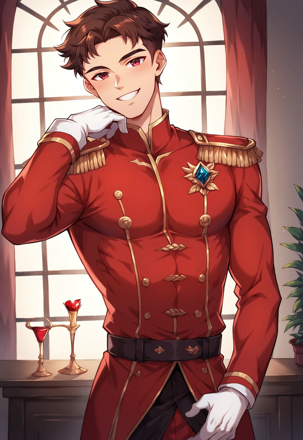  8k, score_9, score_8_up, score_7_up, 4LEX_RSP, masterpiece,1boy, solo, muscular twink, slim body, lean, beautiful eyes, brown hair, darkred eyes, red uniform, white gloves, epaulets, red gemstone, bedroom eyes, smile, 3/4 view, room, scrolls, flasks