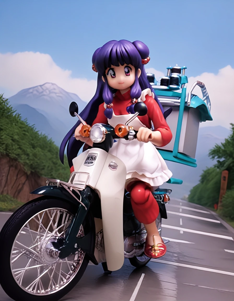 score_9, score_8_up, score_7_up, source_real, realistic, photorealistic, BREAK
<lora:BDpony_HondaSuperCub_delivery_V1-5040:1>, <lora:detailed_notrigger:1>,
HondaSuperCub_delivery, 1girl, motor vehicle, motorcycle, shampoo (ranma 1/2), solo, purple hair, long hair, riding, scooter, hair bun, capri pants, apron, double bun, hair bobbles, on scooter, hair ornament, driving, on motorcycle, red eyes, purple eyes, Riding on a mountain pass, tilt motor vehicle:1.4, photo background, on  mountain road, Vast landscape, Dutch angle, Dynamic angle, Forest, motion blur