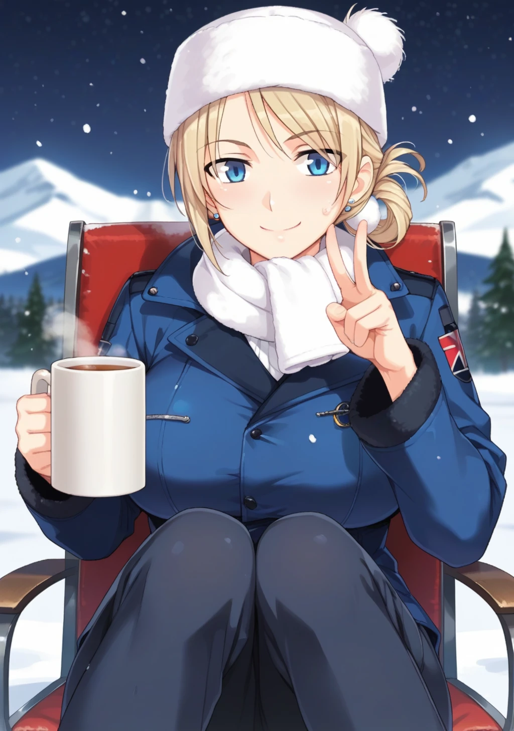 score_9, score_8_up, score_7_up, source_anime,high detail, detailed face,1girl,tatiana,huge breasts,blonde hair,bangs,folded ponytail,blue eyes,<lora:tatiana:0.9>,russian,papakha, fur hat,cowboy shot,BREAK winter clothes,ski jacket, thermal top,long pants,boots, breath,mug with hot tea in hand, steam trail from mug, sitting, outdoors,Lakeside, chair, tent, night,snow mountain,blizzard,depth of field,tundra,snow fall,silver world,relax,looking at view,smile,peace sign