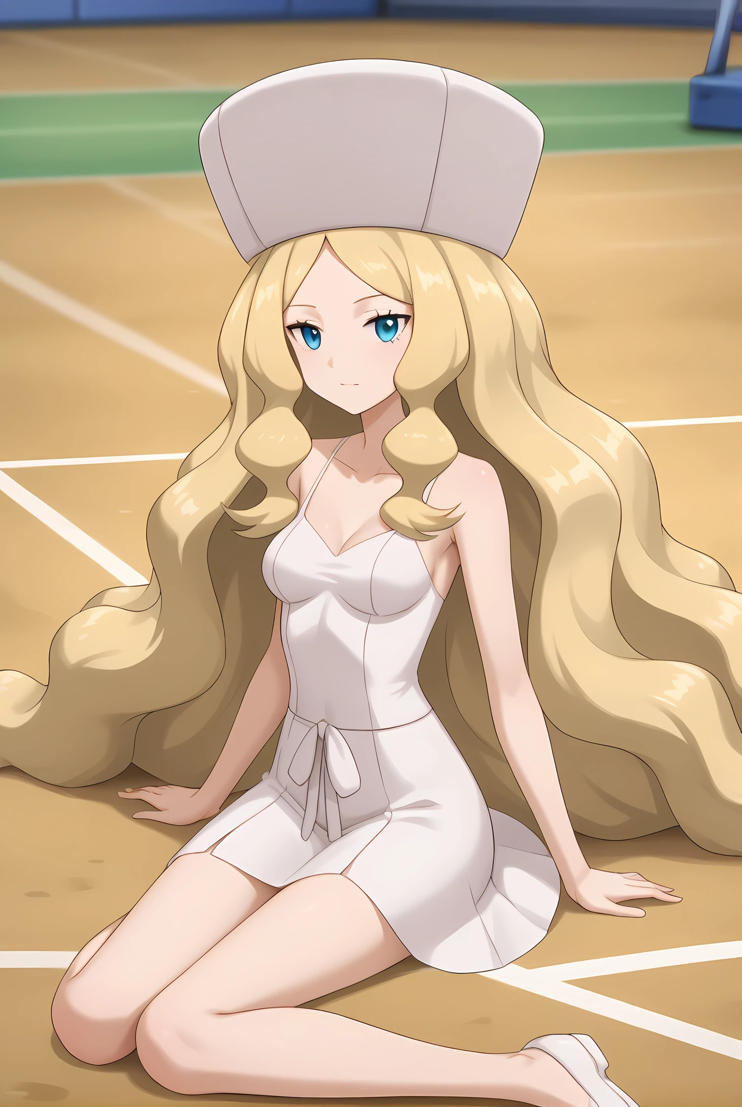 (white dress), pk-caitlin, pink hat, blonde hair, very long hair, blue eyes, medium breasts, 1girl, solo, skinny, score_9, score_8_up, score_8, score_7_up, score_7, score_6_up, score_6, score_5_up, score_5, source_anime, horny, pokemon gym, (1.3::full body|0.3::sitting|0.4::standing|0.4::lying|straight-on|0.6::close-up| :1.20), feet, <lora:pk-caitlin-V01-000004:0.80>