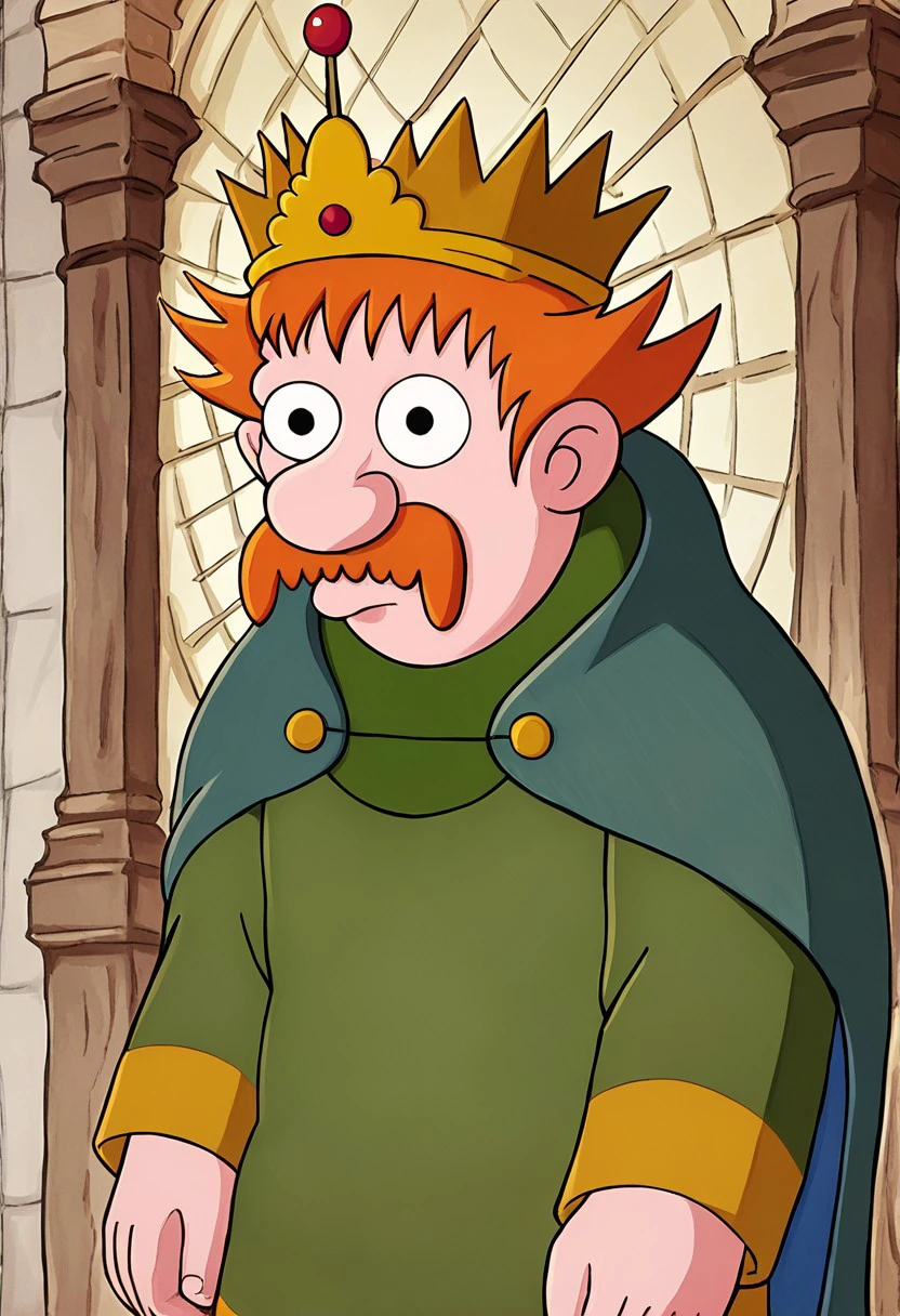 solo, 1boy, male, detail background, cartoon style, 2d, masculine, round face, wide face, broad shoulders, round ears, orange hair, spiky hair, orange thick mustache, prominent nose, no eyebrowns, big eyes, round eyes, black eyes, messy hair, thick neck, fat, plump body, round belly, green tunic, long green tunic, yellow trim, loose robe, blue cape, cape with yellow trim, cape clasp, brown boots, golden crown, leaning against a streetlamp, crossing his arms, looking at the sky, with a rainy city street and umbrellas around him