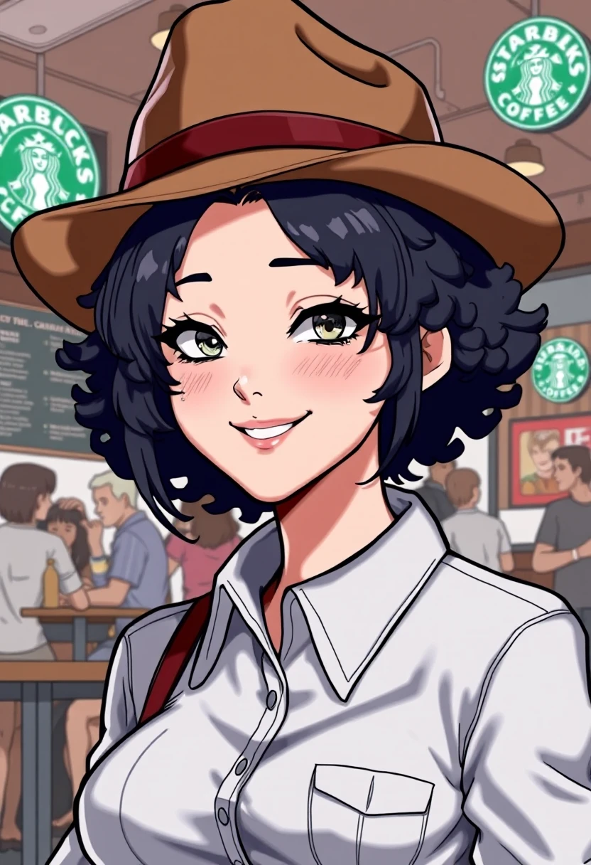 MikeyPie Art \(Artist\), 1 woman with short black curly hair, button up collared shirt and a cowboy hat, smiling with eyeliner, background is the inferior of a busy Starbucks coffee shop