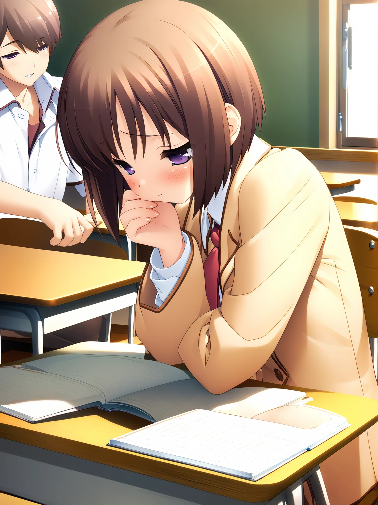 masterpiece, best quality, high quality, aesthetic, absurdres, insanely detailed,
1girl, classroom, brown hair, short hair, chalkboard, blush, purple eyes, desk, book, pencil, sitting, school uniform,
<lora:gayaro-style-xl_v1.0:1>