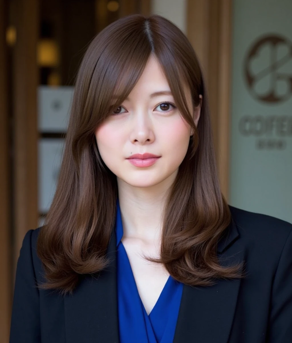 shiraishi, The image is a portrait of a young woman with long, straight hair and bangs. She stood in front of the coffee shop and is looking directly at the camera with a serious expression on her face. She was wearing a black suit with a blue shirt underneath. Her hair is styled in loose waves and falls over her shoulders. The lighting is soft and natural, highlighting her features. The overall mood of the image is serious and contemplative.