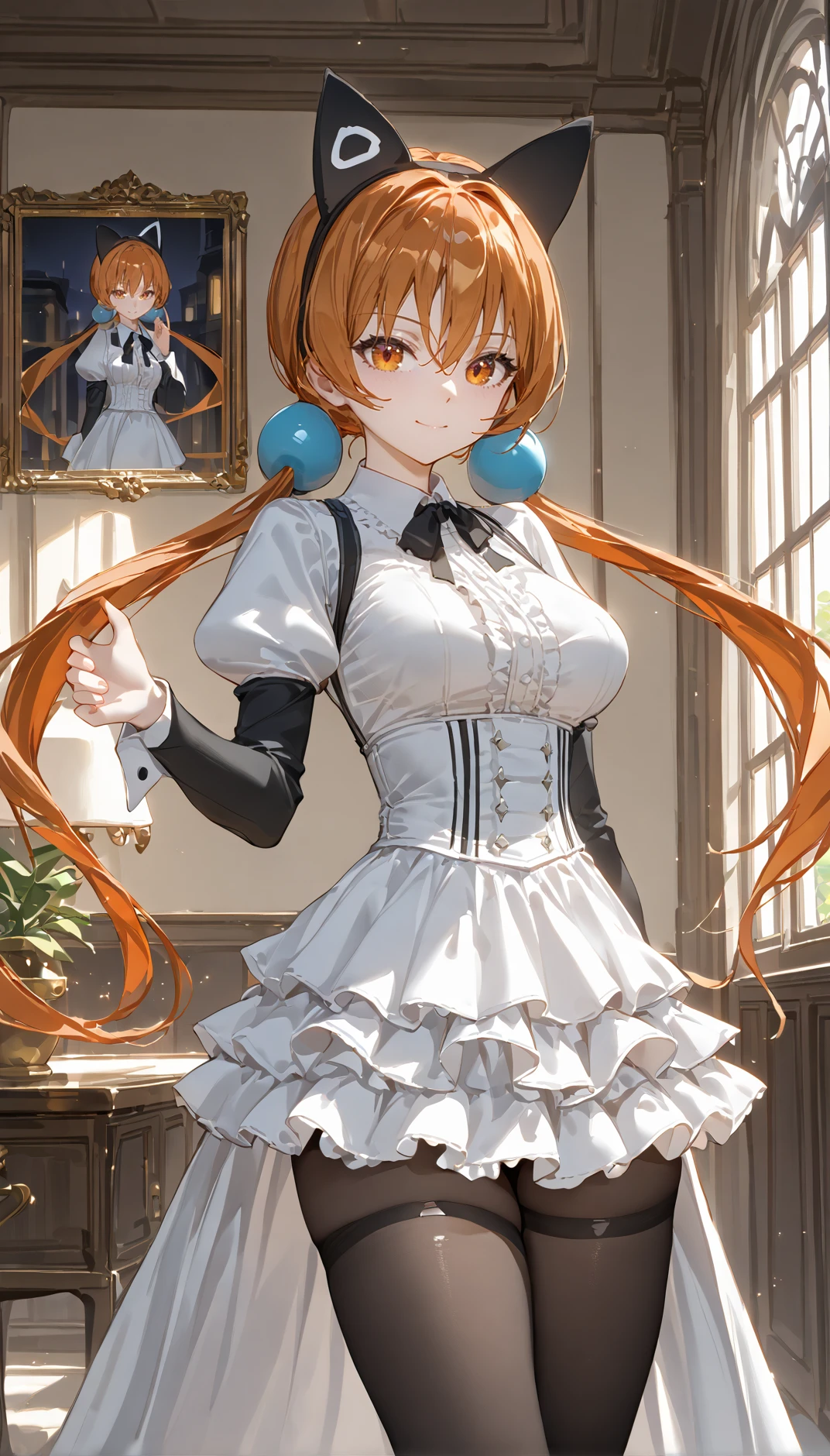 (masterpiece, best quality:1.4), highres, absurdres, high quality, very asthetic, fine and intricate details,
1girl, tall female, young female, alisa southerncross,
orange hair, low twintails, long hair, hair bobbles,
(cat ears hairband, black hairband, pink circle:1.00),
orange eyes, looking at viewer,
medium breasts,
white dress shirt, juliet sleeves,
frilled black skirt, layered skirt, black leggings, thighs,
light smile,
scenery, indoors, ,
hand up,
<lora:hand 4:0.3>
<lora:alisa_XL_v2:0.8>