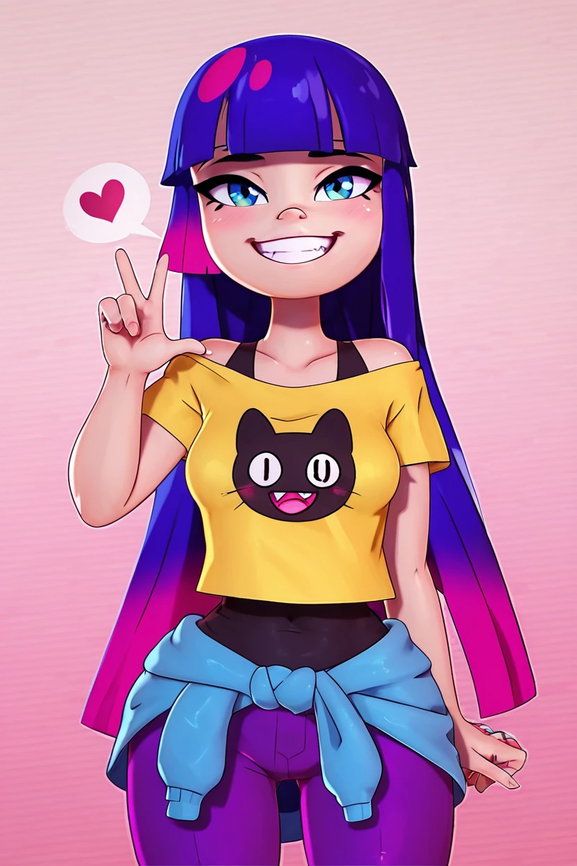 score_9, score_8_up, score_8, medium breasts, (curvy), cute, eyelashes,       BREAK, ,  ,,, zzMiko, long hair, purple hair, blunt bangs, multicolored hair, yellow shirt, short sleeves, t-shirt, print shirt, off shoulder, animal print, jewelry, purple pants, blue jacket around waist,  <lora:MikoKubota_PDXL_v2:0.8>,  ,,,  , BREAK, smile, looking at viewer, cowboy shot, ,,, embedding:zPDXL, Expressiveh, ,,, <lora:Zy0n7_PDXL:0.8>, <lora:SDXLFaeTastic2400:0.5>, <lora:Expressive_H-000001:0.4>,