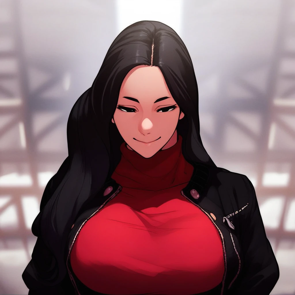 score_9, score_8_up, score_7_up, score_6_up, high res, high quality, good anatomy, good proportions, dynamic pose, dynamic angle, 1girl, solo, crystalchoi, black hair, long hair, black eyes, large breasts, red sweater, turtleneck, black jacket, open jacket, looking at viewer, upper body, smile, half-closed eyes, closed mouth, arms crosed