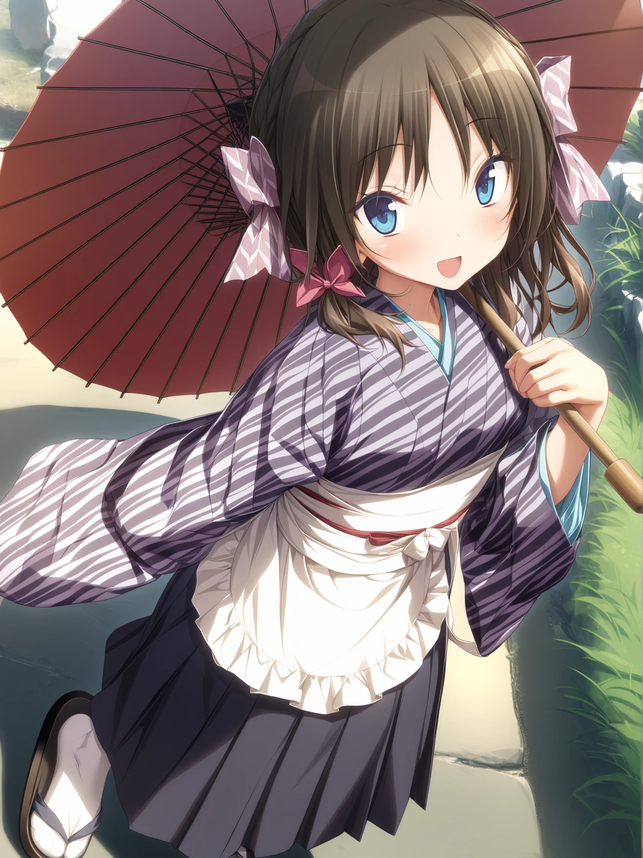 masterpiece, best quality, high quality, aesthetic, absurdres, insanely detailed,
1girl, oil-paper umbrella, yagasuri, blue eyes, solo, kimono, open mouth, brown hair, smile, apron, blush, wa maid, looking at viewer, hakama skirt, hair bow, long hair, hair ribbon, short hair, holding umbrella, tabi, black hair, sandals, full body,
<lora:coq-style-xl_v1.0:1>