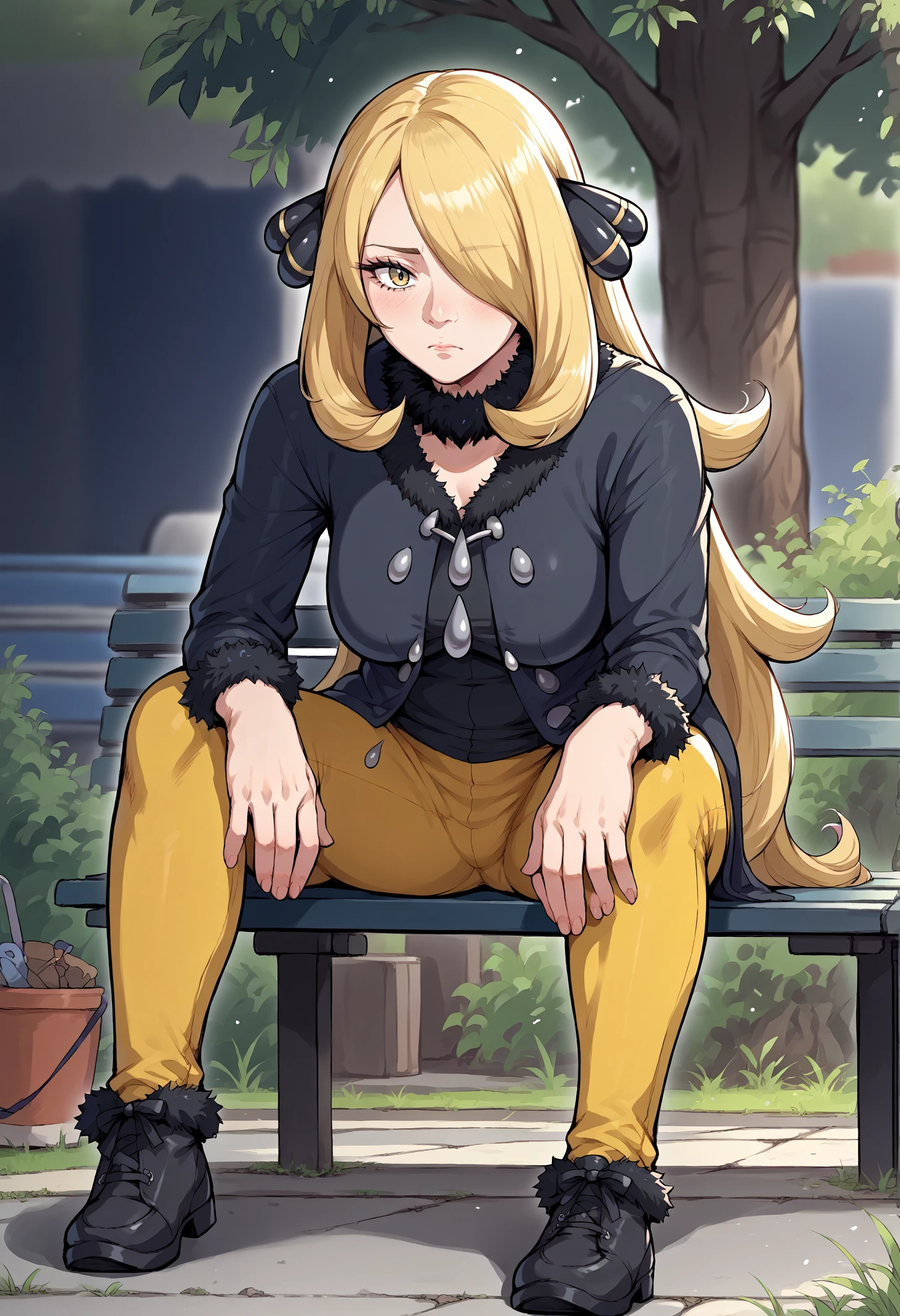 score_9, score_8_up,score_7_up, source_anime, solo, 1girl, 
sdknpb, sitting on bench, outdoors, park bench, hand on own knee, sad, leaning forward, 
cynthia \(pokemon\), blonde hair, yellow eyes, hair over one eye, hair ornament, tall female,
<lora:sdknpb_pdxl_EliPot:1>