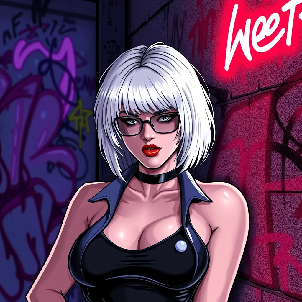 MikeyPie Art \(Artist\), a platinum blonde woman, stands defiantly against a neon-lit, graffiti-covered wall, exuding confidence and determination. Her smoky glasses and red lipstick