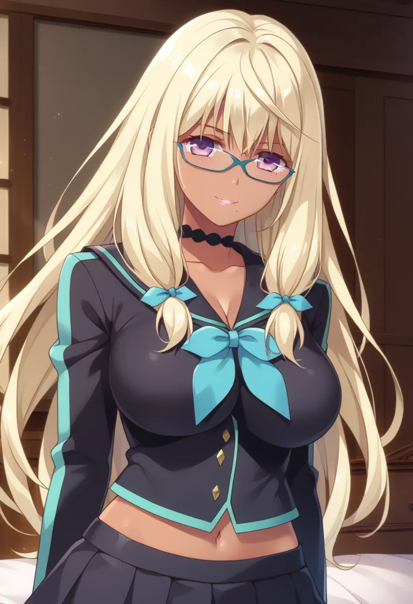 score_9, score_8_up, score_7_up, score_6_up,
masterpiece,

1girl, solo,

D5, long hair, glasses, dark skin, purple eyes, dark-skinned female, blonde hair, under-rim eyewear, mole, mole under mouth,

smile,

choker,

black school uniform, serafuku, skirt,

looking at viewer,