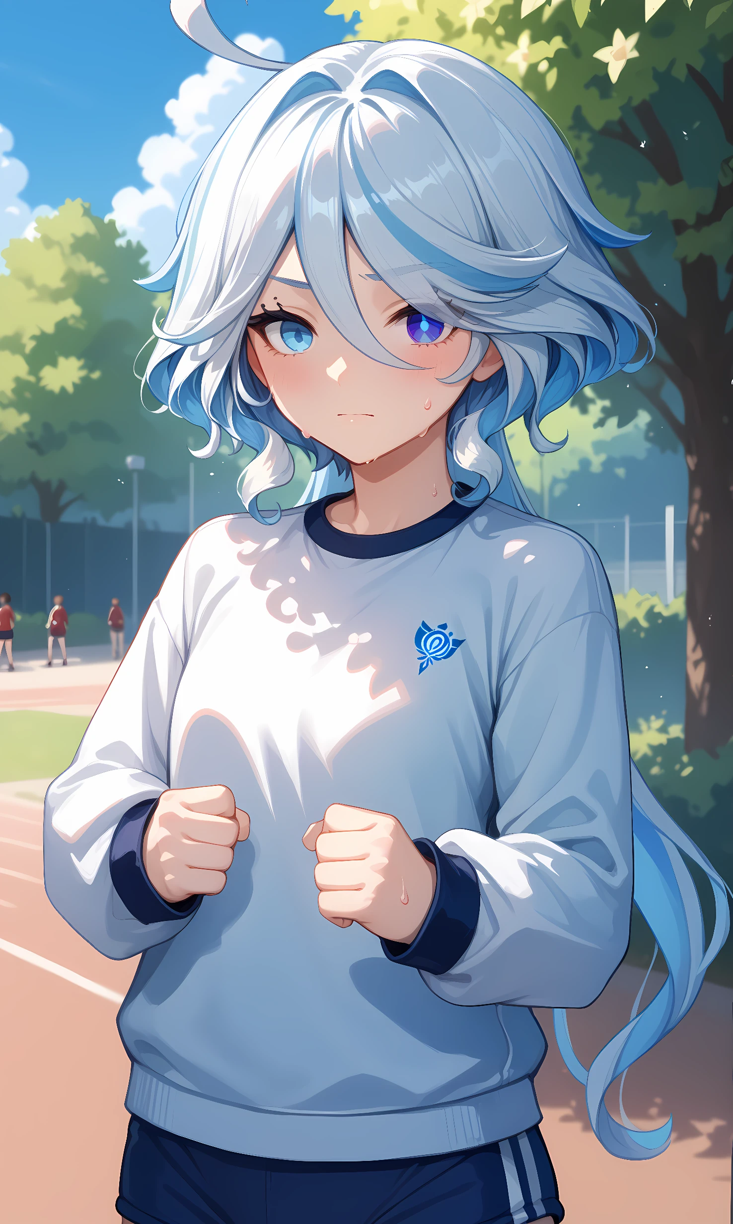 score_9, score_8_up, score_7_up, source_anime, 1girl, solo, outdoors, park, cowboy shot, standing, looking at viewer, shiny skin, furina_genshin, blue eyes, heterochromia, mismatched eyes, white hair, streaked hair, long hair, ahoge, white shirt, gym uniform, buruma, sweat