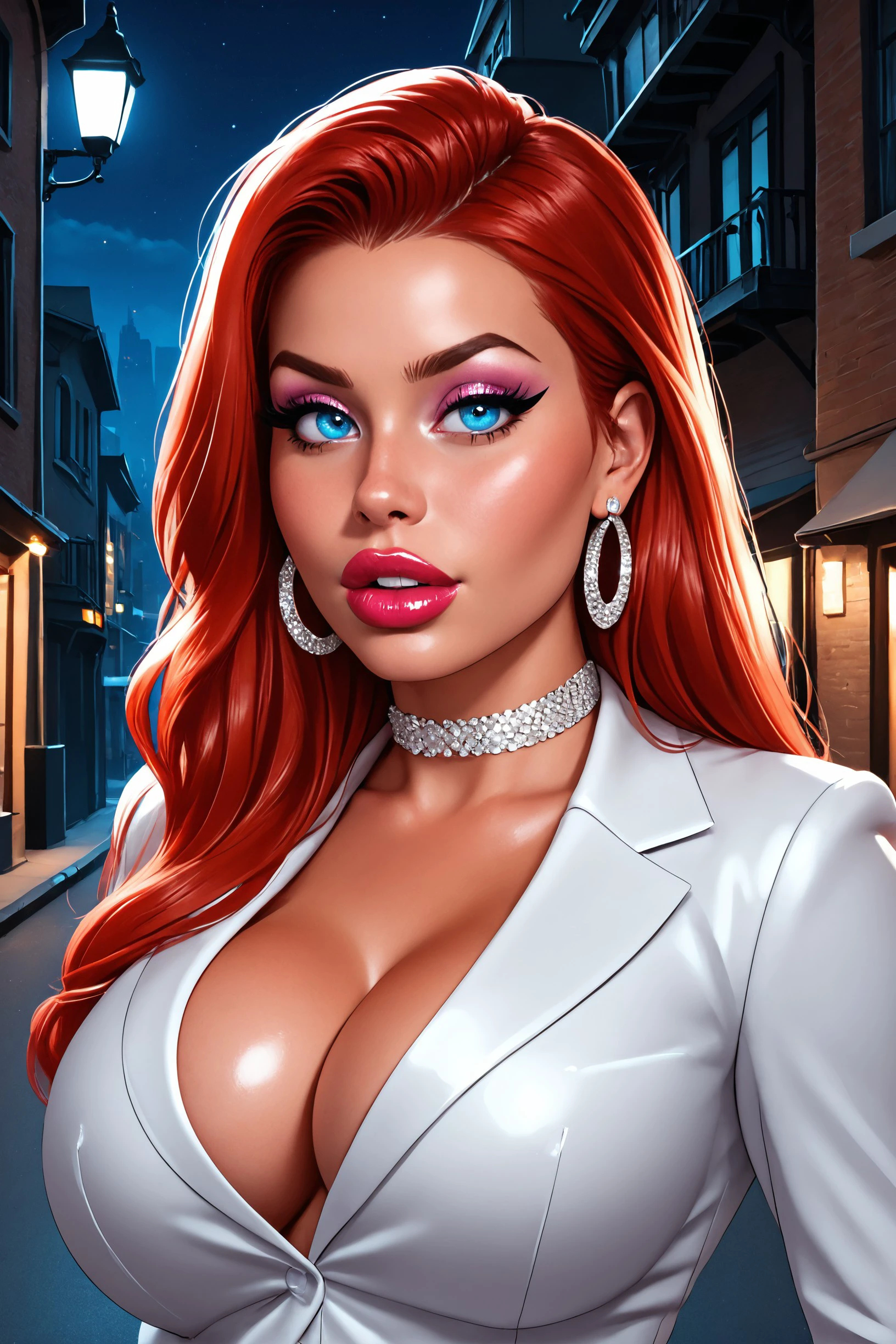 closeup basety style, (dreamlikeart, redshift style, analog style:1.1), (copeseethemald style:0.5), (thepit bimbo, glossy), sexy, bimbo, 1girl, solo, ([Annabelle|Georgia|Ellie]:0.9), closeup, extreme closeup, Lady, looking at viewer, symmetric, centered, pantsuit, business suit, elegant suit, white crop top shirt, shinny skin, oily skin, subsurface skin scattering, shiny skin, choker, earrings, eyelashes, eyeshadow, lips, lipstick, jewelry, makeup, nose, parted lips, navel, beautiful detailed blue eyes, redhead, realistic, photo-realistic, well-lit face, glowing face, face focus, see-through, (night:1.2), dark, scary, dark city, alley, chased, danger, worried, afraid, stressed, building, street lights, detailed background, [(dust particle paint explosion:1.2)::0.11], (secret:0.8),  ,