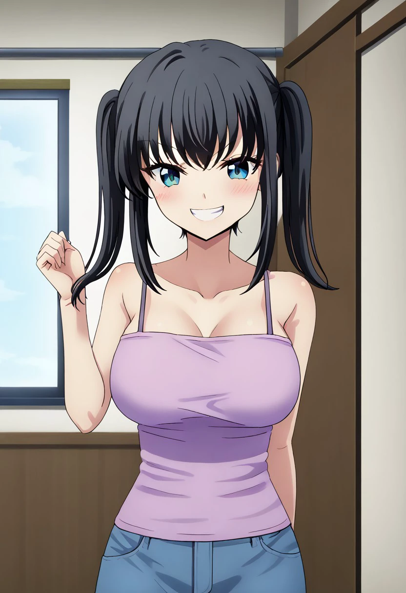 anime screencap, anime coloring, best quality, bedroom background
BREAK
1girl, solo, natsu_no_hyoui_ayaka, black hair, twintails, breasts, large breasts, camisole, short skirt,
looking at viewer, blush, smile, grin,
cowboy shot,