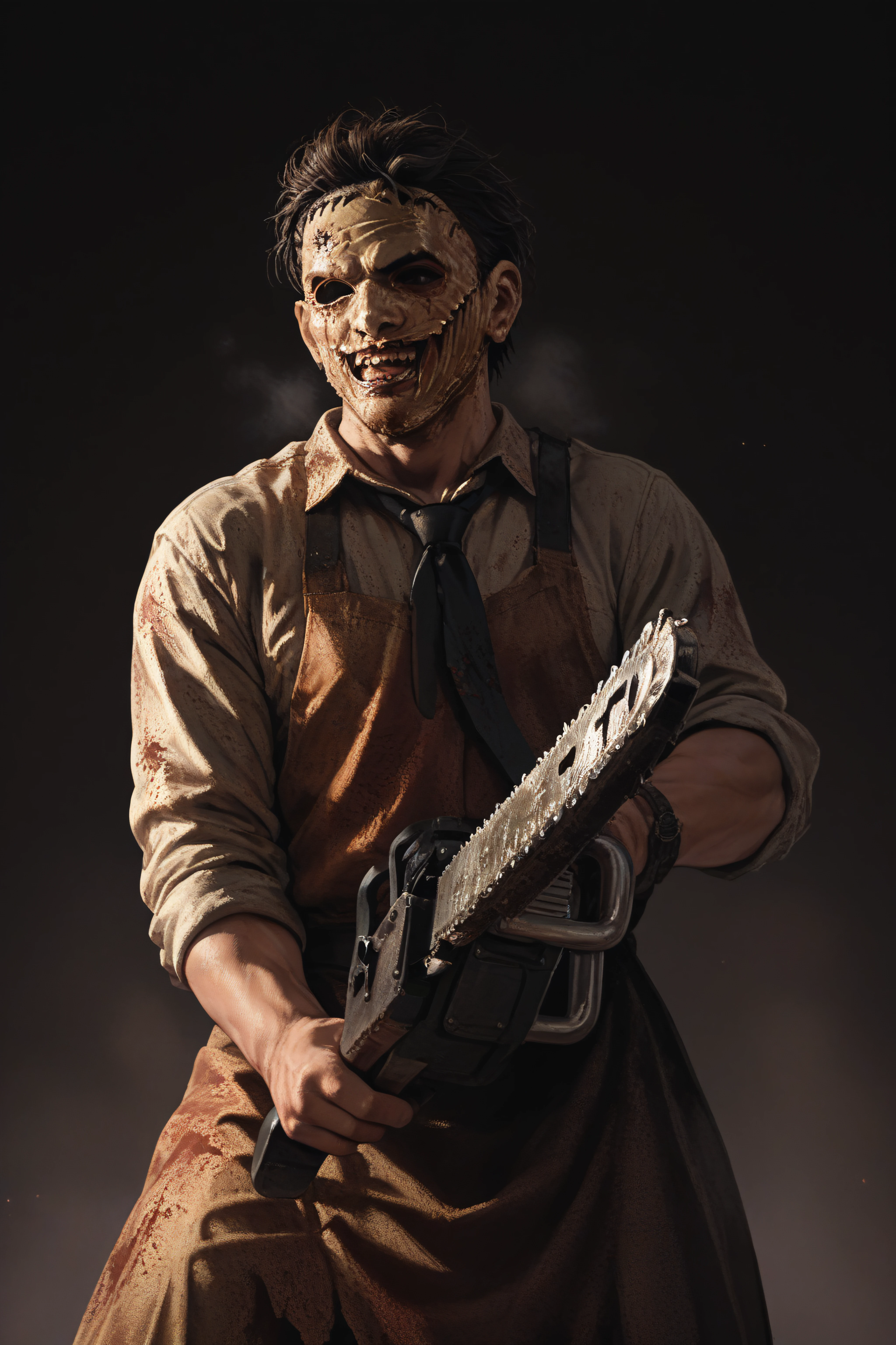 score_9, score_8_up, score_7_up, score_6_up, source_anime, <lora:Leatherface-PonyXL-lora-Faxtron:1> leatherface, 1boy, holding chainsaw,