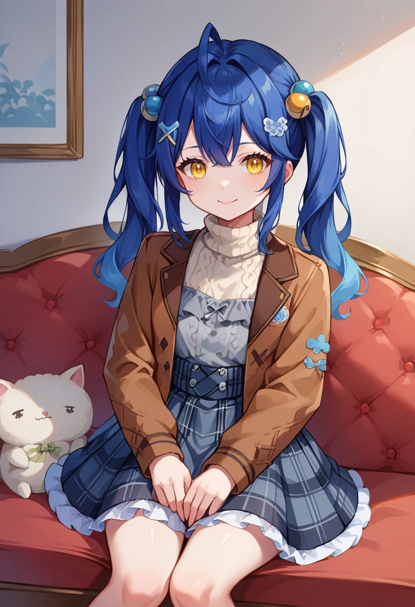 score_9, score_8_up, source_anime,  1girl, solo, KokoroStrt, yellow eyes, blue hair, twintails, ahoge, hair ornament, brown jacket, fur-trimmed jacket, grey shirt, frilled shirt, turtleneck, black skirt, plaid skirt, leg garter, sitting, indoors, on couch, smile, <lora:ChamAmamiyaKokoroPonyXL:1>