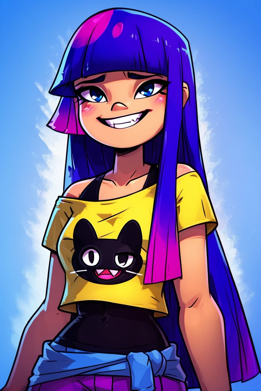 score_9, score_8_up, score_8, medium breasts, (curvy), cute, eyelashes,       BREAK, ,  ,,, zzMiko, long hair, purple hair, blunt bangs, multicolored hair, yellow shirt, short sleeves, t-shirt, print shirt, off shoulder, animal print, jewelry, purple pants, blue jacket around waist,  <lora:MikoKubota_PDXL_v2:1.0>,  ,,,  , BREAK, embedding:zPDXL, Expressiveh, ,,, <lora:EnergyCAT:1.0>, solo, smile, looking at viewer, aura, blue sky, ,,, <lora:SDXLFaeTastic2400:0.5>, <lora:Expressive_H-000001:0.4>,