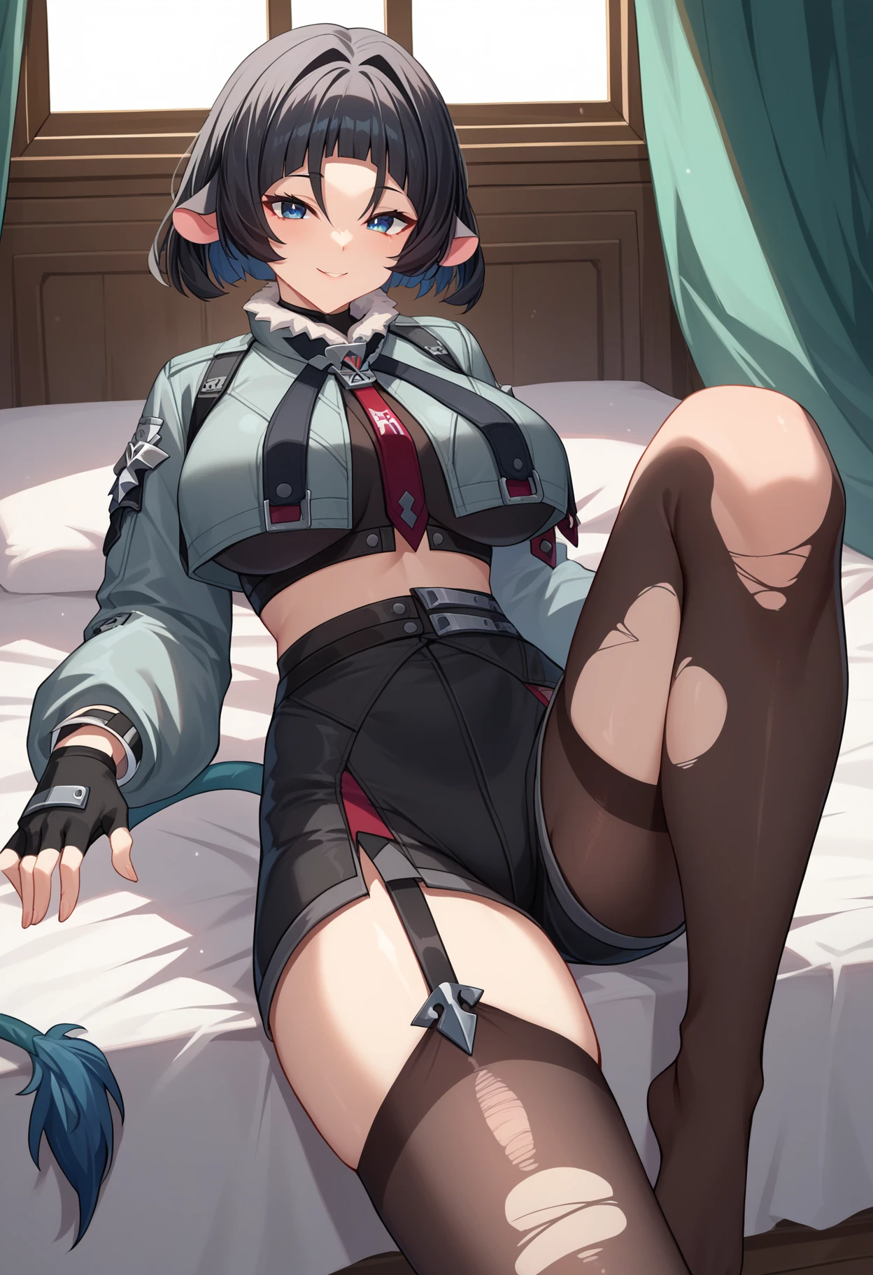 score_9, score_8_up, score_7_up, source_anime,
BREAK
1girl, solo, 
<lora:shiJaneDoeTestV1:1>, shijanegame, short hair, black hair, animal ears, mouse ears, blue eyes, multicolored hair, two-tone hair, 
tail, 
grey jacket, open jacket, crop top, 
long sleeves, large breasts, 
black shorts,  short shorts, fingerless gloves,  
short shorts, belt, garter straps, torn thighhighs, single leg pantyhose, 
looking at viewer, smile, 
indoors, bed, lying, clapping, puffy cheeks,