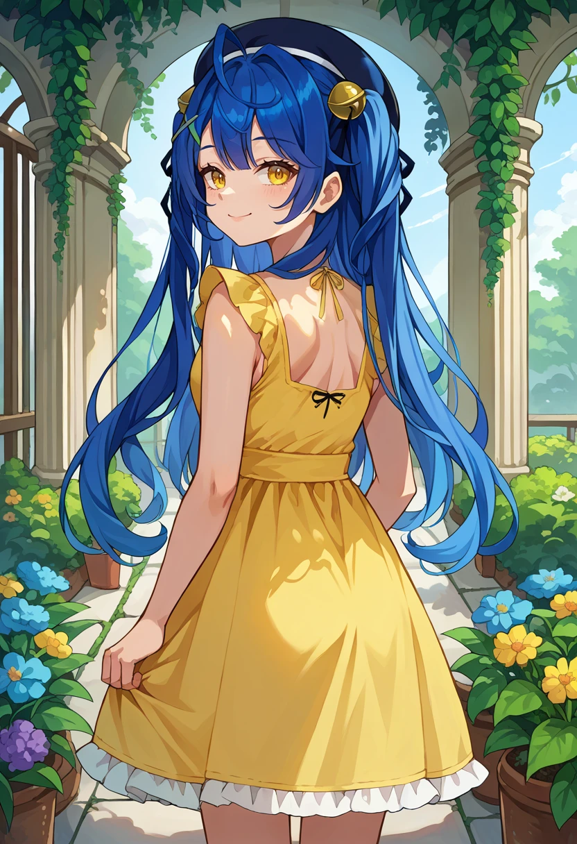 score_9, score_8_up, source_anime,  1girl, solo, AmyaKokoro, yellow eyes, blue hair, long hair, two side up, ahoge, black beret, hair bell, x hair ornament, from behind, yellow sundress, garden, day, sunshine, smile, looking back, <lora:ChamAmamiyaKokoroPonyXL:1>