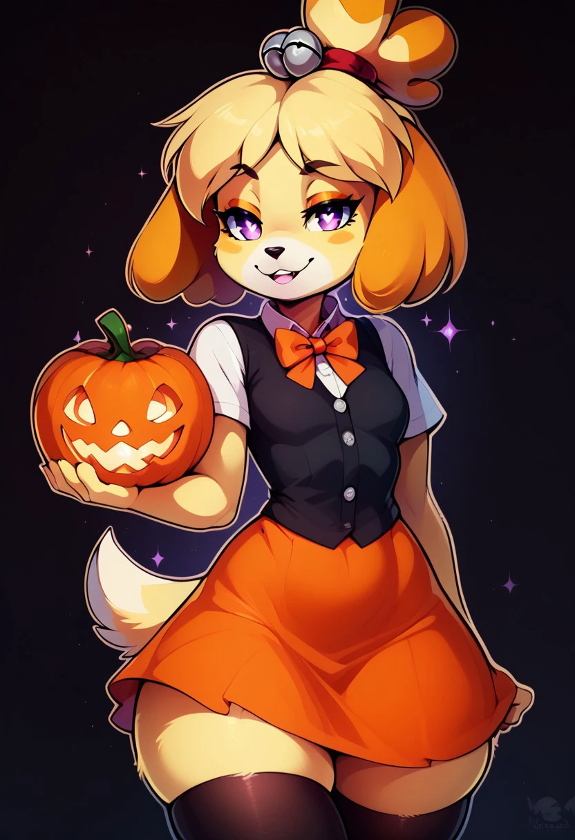 score_9, score_8_up, score_8, medium breasts, cute, eyelashes,      
,,,
holding jack-o'-lantern, 
zzFallIsabelle, short hair, blonde hair, animal ears, bow, furry female, dog girl, topknot, purple eyes, skindentation, animal nose, bright pupils, furry,  black vest, orange skirt, orange bowtie,  white shirt, short sleeves, collared shirt, black thighhighs,  
,,,
smile, looking at viewer, cowboy shot, 
,,,
embedding:zPDXL, Expressiveh,