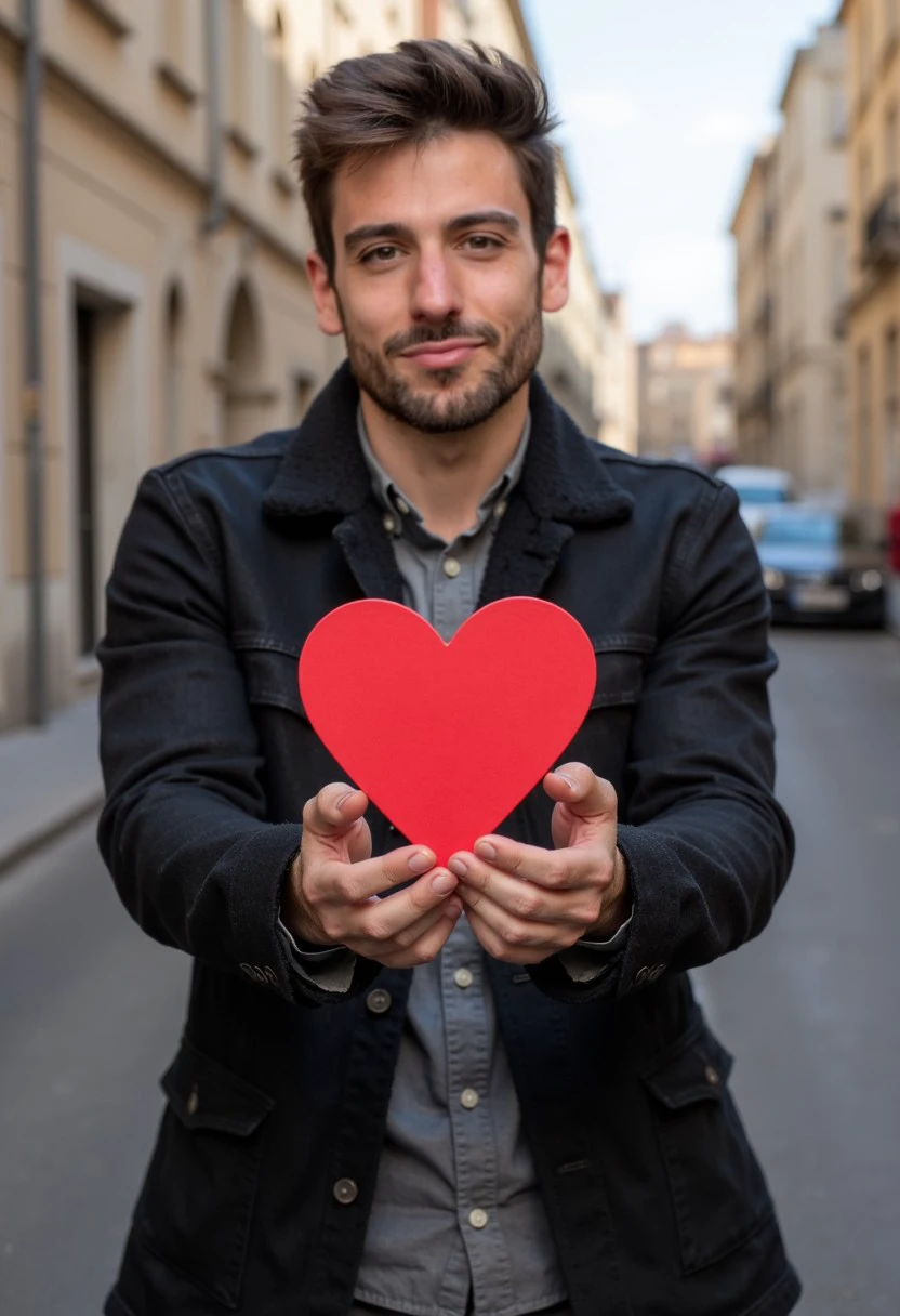 (Alexandre, 21 yo male, facial hair). standing in the street, jacket, well dressed, he is offering a heart-shaped present to the viewer, parted lips with a slight smirk, daylight, romantic, valentine, looking at viewer