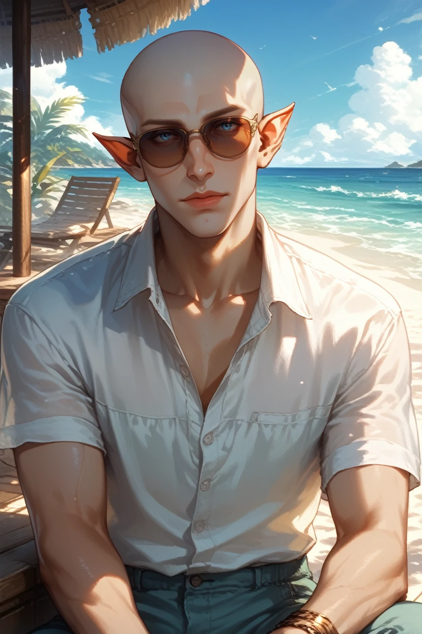 score_9, score_8_up, score_7_up,
<lora:DAISolas:0.8>
DAISolas, 1boy, bald, blue eyes, pointy ears, looking at viewer, in a casual summer outfit, sitting on the steps of a beach house, sunglasses on, ocean in the background, relaxed and carefree mood