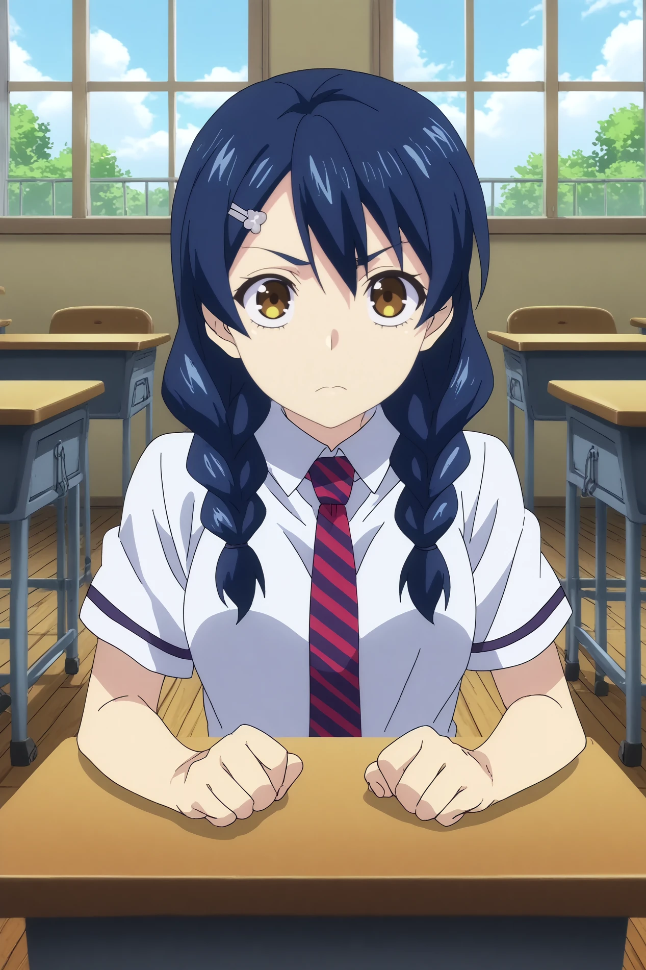  megumi tadokoro,1girl,solo,looking_at_viewer,twin braids,braid,yellow eyes,hair ornament,hair clip,school uniform,necktie,breasts,stripped necktie BREAK indoors,japanese classroom,classroom,simple decor, organized shelves, neat rows, kanji on the board,windows,blue sky,Wooden floors, low desks, chalkboard, sliding doors, sunlight, quiet, neat rows, plants  Covering body with hands,   <lora:Megumi_Tadokoro_-_Food_Wars.safetensors:0.8> <lora:detailed_backgrounds_v2.safetensors:0.8>