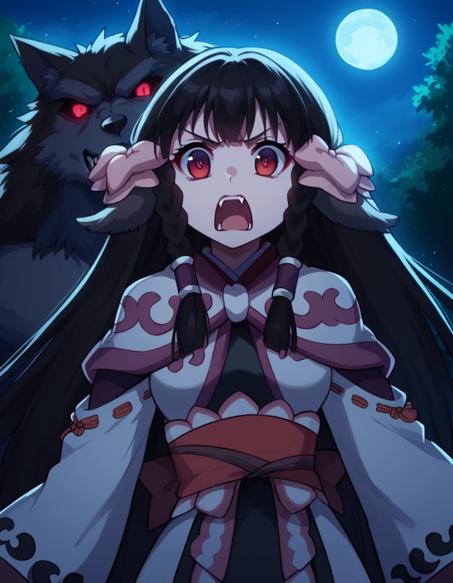 score_9, score_8_up, score_7_up, source_anime, <lora:utawarerumono-rurutie-s2-ponyxl-lora-nochekaiser:1>, rurutie, long hair, bangs, black hair, animal ears, sidelocks, hair tubes, red eyes, bow, hair bow, braid, twin braids, medium breasts,, <lora:werewolf-ponyxl-lora-nochekaiser:1>, werewolf, furry, fangs, animal ears, gloves, angry, teeth, animal ear fluff,, forest, night, moon, open mouth, , dutch angle, cowboy shot