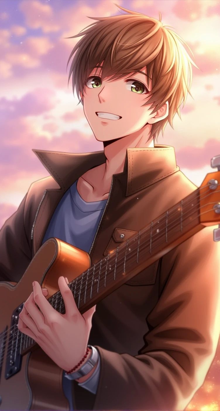 handsomemale, 1man, holding guitar, casual style, leather jacket, wristband, outdoors, sunset, solo, smiling, brown hair, green eyes, high quality, vibrant aesthetic