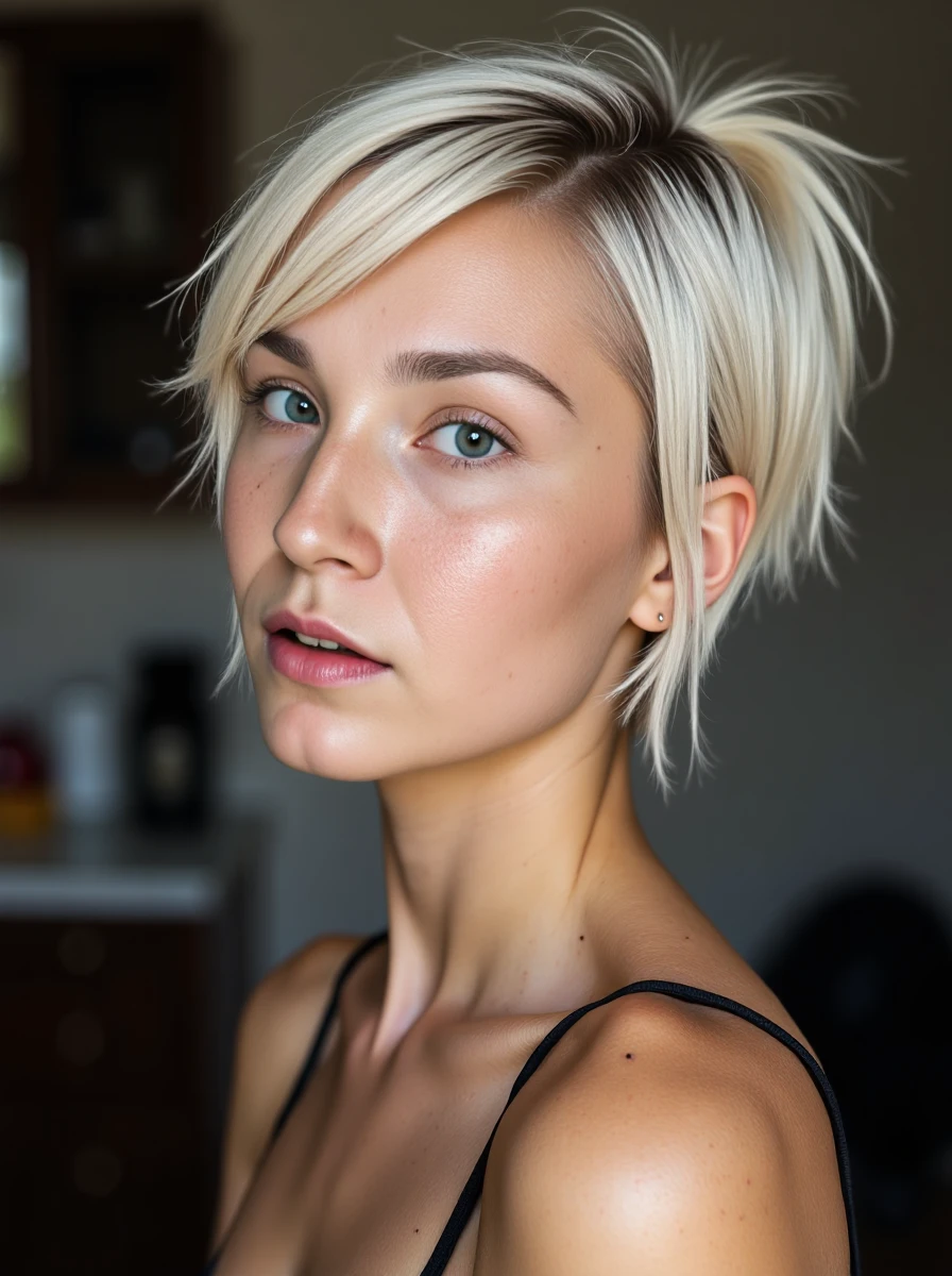 amateur portrait photo of a woman, she has sleek short platinum-blonde hair with a ponytail style, her skin has a high detailed texture and shows details like moles, small hairs and pores. Her expression is confident. Set inside, with colod colors lighting. <lora:clairelora-000012:1>