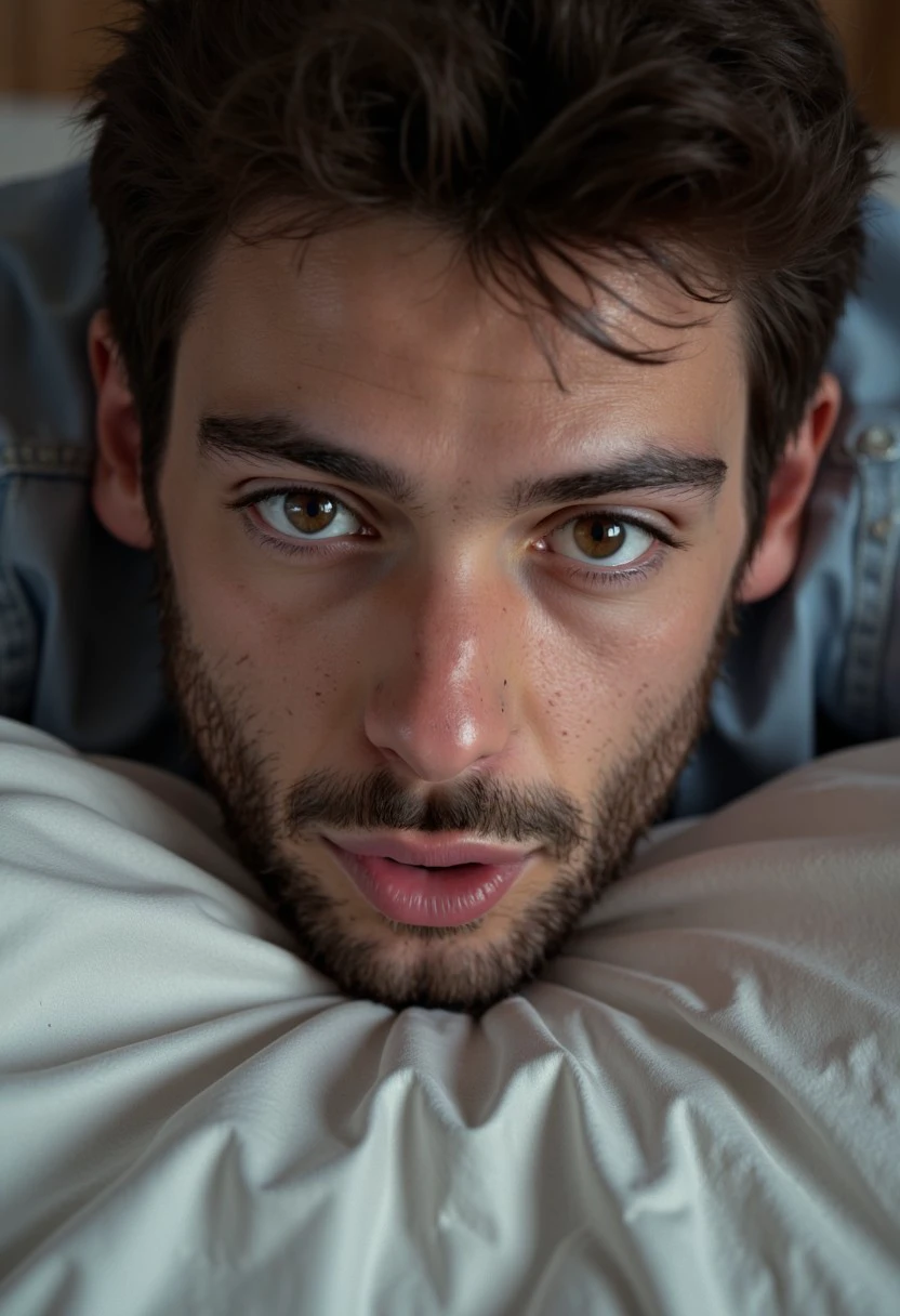 cinematic macro photo, dramatic angle, mixed scale, incredible detail, 4k. first, filling the background: ultra closeup of the slurping mouth and eyes of (Alexandre, 21 yo male, facial hair). Alexandre's  partially seen face scrutinizing with rapt focus. He notices that, minuscule in the extreme low foreground, there are messy bed sheets.