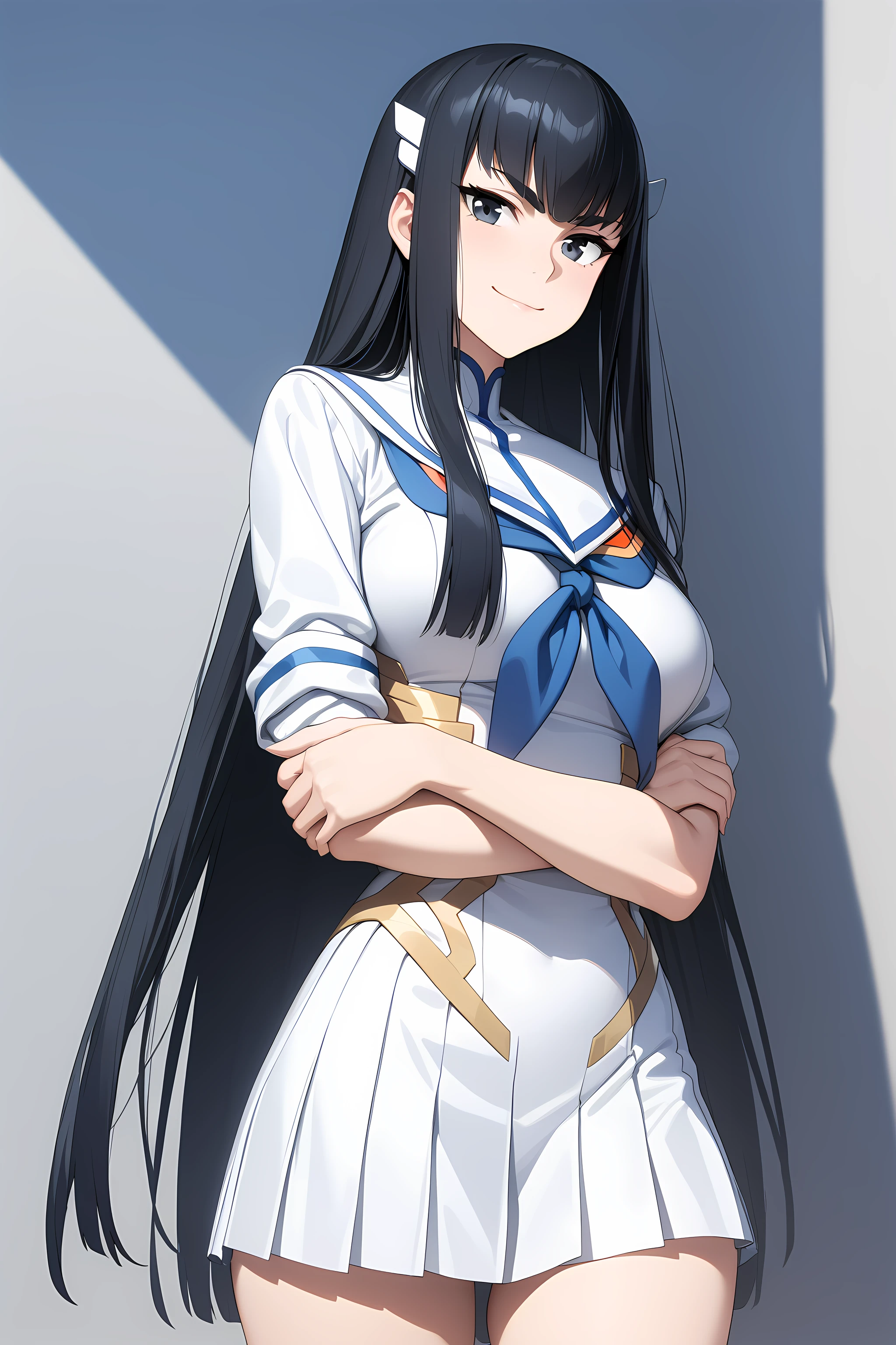 kiryuin_satsuki, black hair, long hair, schooluniform, white uniform, black eyes, cowboy shot, crossed arms, smile, <lora:Kiryuin_Satsuki_-_Kill_La_Kill:1>, (masterpiece),(best quality),(ultra-detailed),(best illustration),(best shadow),(absurdres),(detailed background),(very aesthetic),