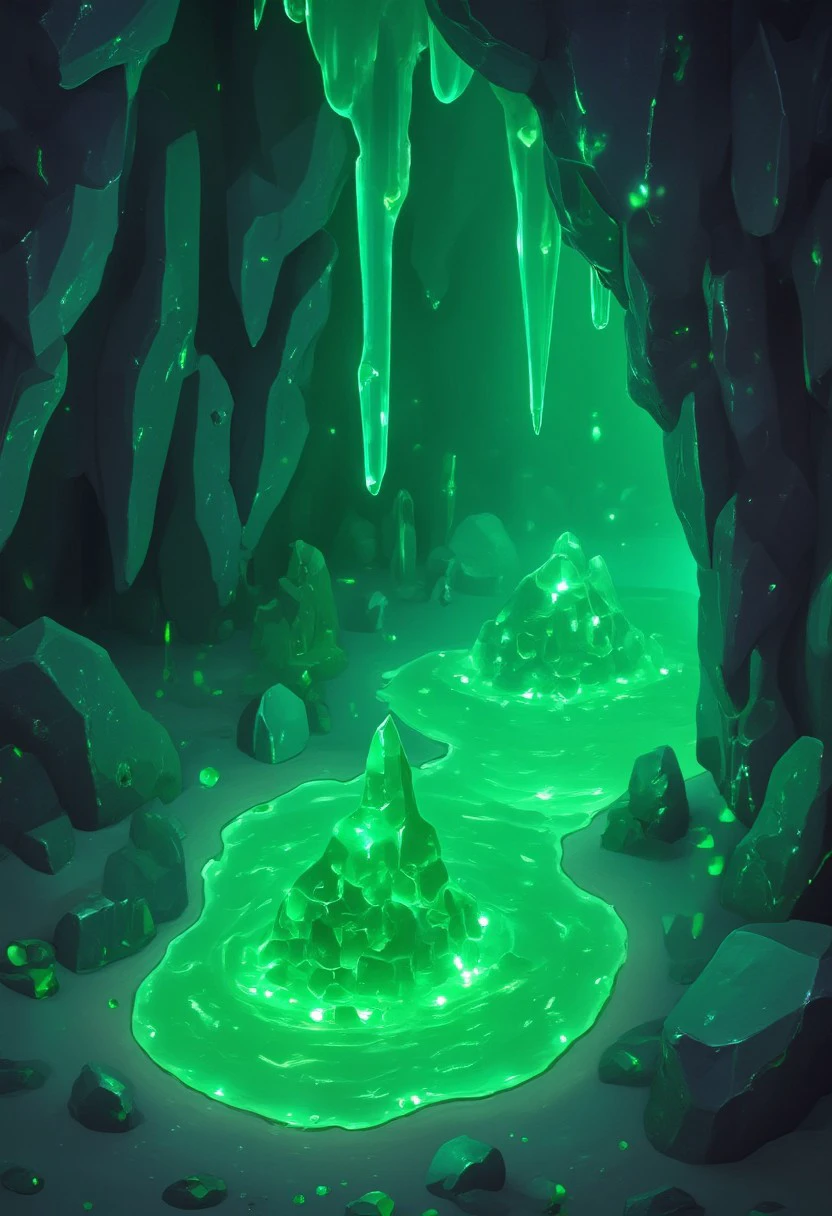 ((masterpiece, best quality)), absurdres, StylizedSetting, 
cave, green crystal, magic, green glowing, slime,