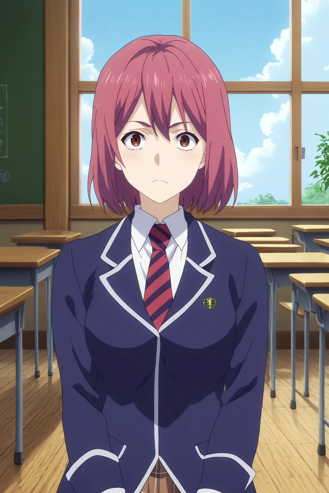  hisako arato,1girl,solo,school uniform,short hair,pink hair,red eyes,necktie,stripped necktie,blazer,plaid skirt,looking at viewer,mature,upper body BREAK indoors,japanese classroom,classroom,simple decor, organized shelves, neat rows, kanji on the board,windows,blue sky,Wooden floors, low desks, chalkboard, sliding doors, sunlight, quiet, neat rows, plants  upside-down,  <lora:Hisako_Arato_-_Food_Wars.safetensors:0.8> <lora:detailed_backgrounds_v2.safetensors:0.8>