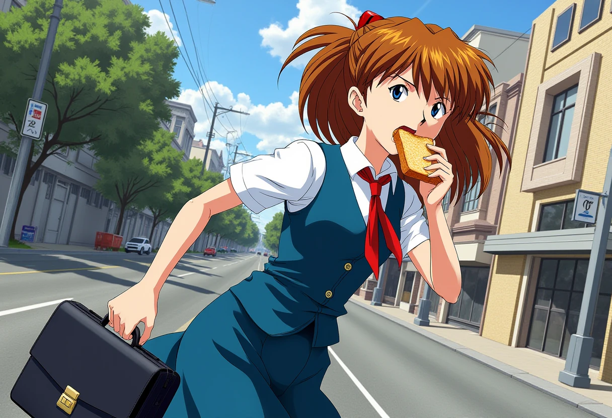 A detailed solo portrait of horaki hikari
Anime style, sharp, high contrast and highly detailed.,.
 <lora:evangelion_asuka_langley_flux_v1_2-000010:0.9> ppasuka
She dressed in a school uniform consisting of a white shirt with short sleeves, a vest, a tie, and a blue skirt. She is running, holding a black briefcase in one hand while biting onto a slice of toast that is sticking out of their mouth. The dynamic pose, with one arm extended forward and the other holding the briefcase, conveys a sense of urgency, as if the character is late for school or in a hurry. She is running along city street.