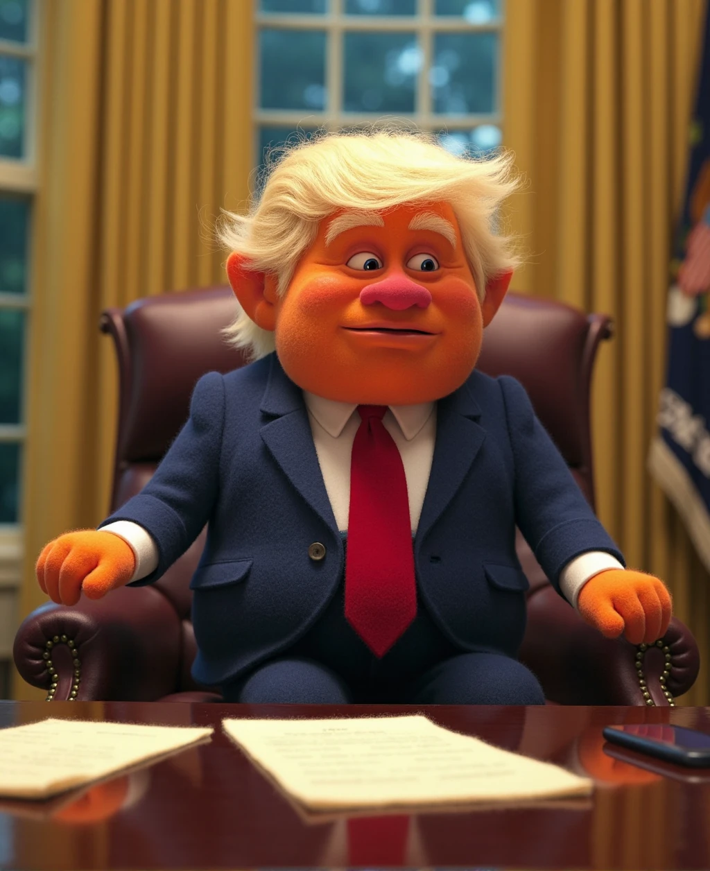 Donald Trump as a troll,  sitting behind his desk in the oval office.  On the desk there are official documents made out of felt.  <lora:mrg_Trolls_Flux_New_Captions_A50_onetrainerTrolls2024-10-05_06-18-01-save-3000-6-0:.6>