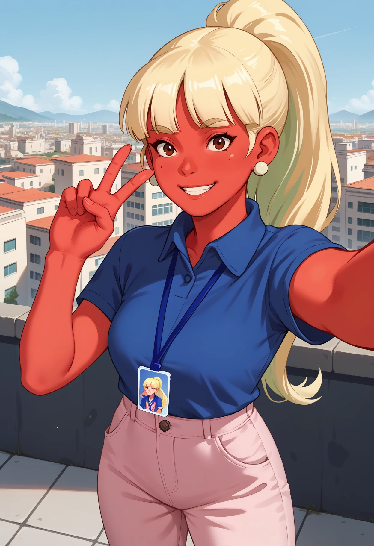 score_9, score_8_up, score_7_up, source_anime, 1girl, looking at viewer, smile, peace sign, selfie, <lora:JackieGoingUnder-pdxl:1> jackie, blonde hair, high ponytail, long hair, blunt bangs, red skin, brown eyes, white earrings, blue shirt, collared shirt, short sleeves, lanyard, pink pants, high-waist pants, cityscape, rooftop