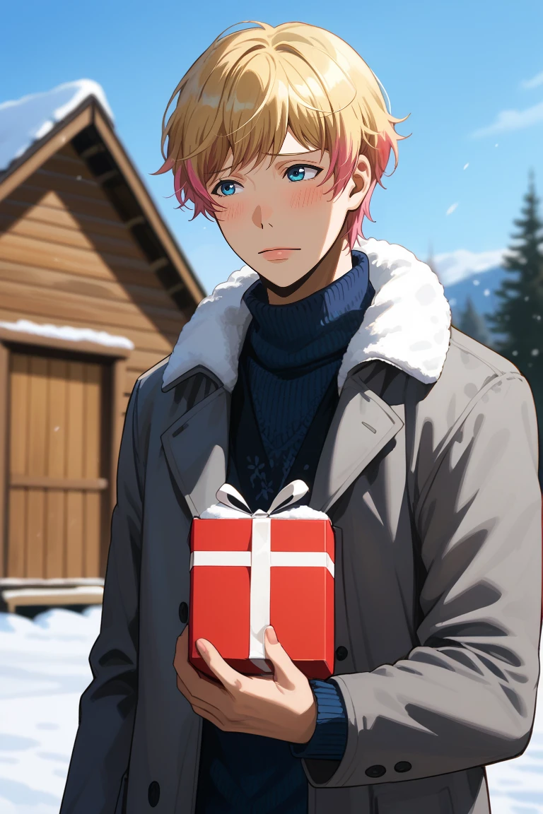 score_9, score_8_up, score_7_up, source_anime, rating_questionable, day, natural lighting, male focus, carrying, holding present box, blushing, looking away, TakuyaAC, blonde-pink_Takuya_multicolored hair, blue_Takuya_eyes, furrowed brow, shy, fur trim, turtleneck, coat, winter clothes, 1boy, blurry outdoors snow, blue sky, wood cabin, dutch angle, intricately detailed illustration, atmospheric perspective, depth of field, realistic shading