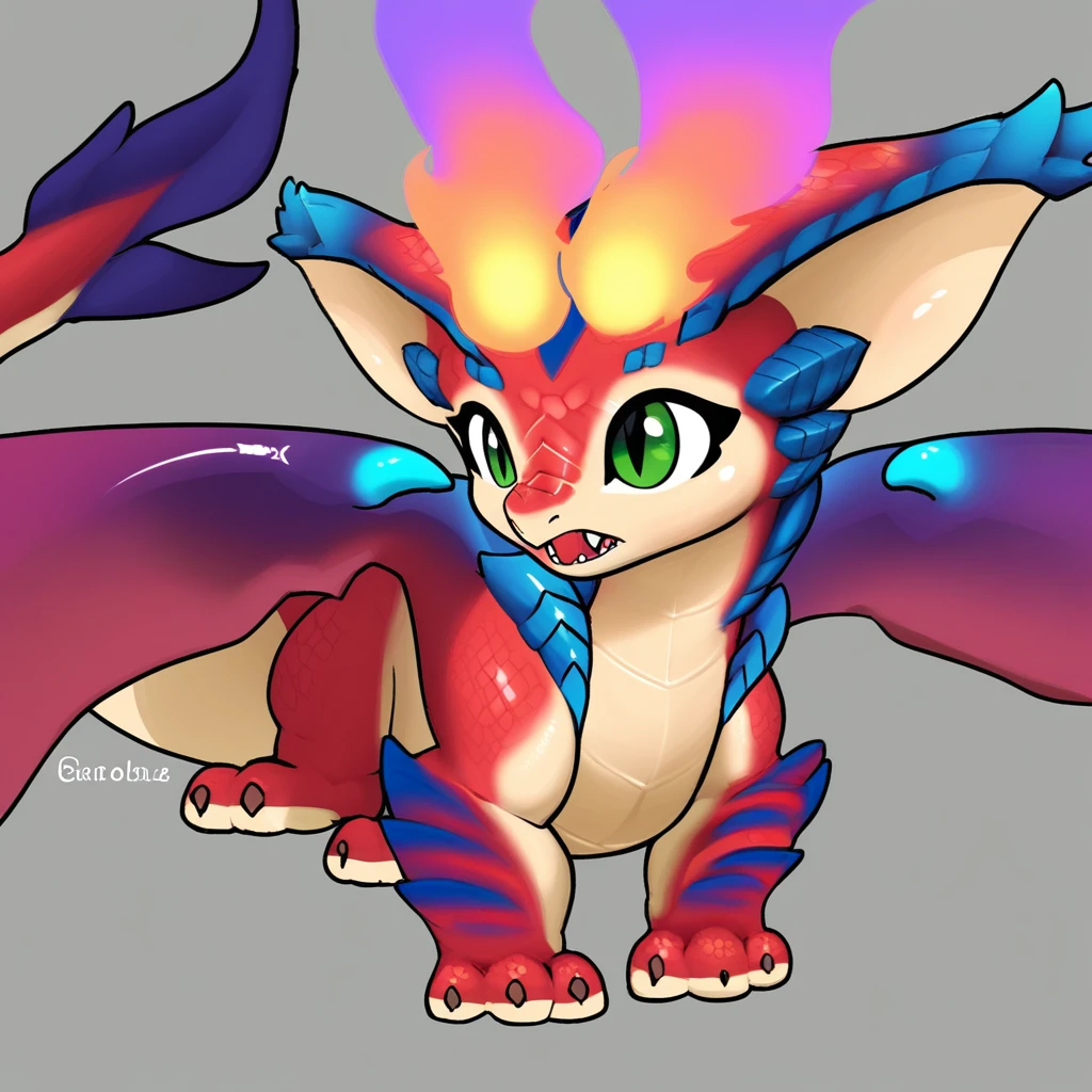 feral, sfw ,solo ,SmoldLOL, dragon, red body,blue accents,flaming horns,beige underbelly,green eyes,wings,blue scales,