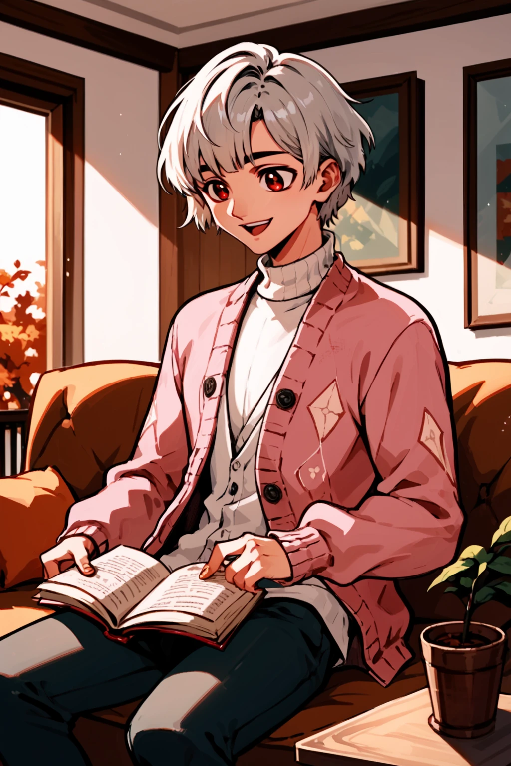 brother one, jrpg, solo male focus, platinum bob hairstyle, iridescent red eyes, <lora:brotheronePXL:0.7>, <lora:maleoutfit01:0.7>, argyle, pink cardigan, orange turtleneck, pants, happy, seated reading, quaint retro living room, autumn day, (score_9, score_8_up, score_7_up)